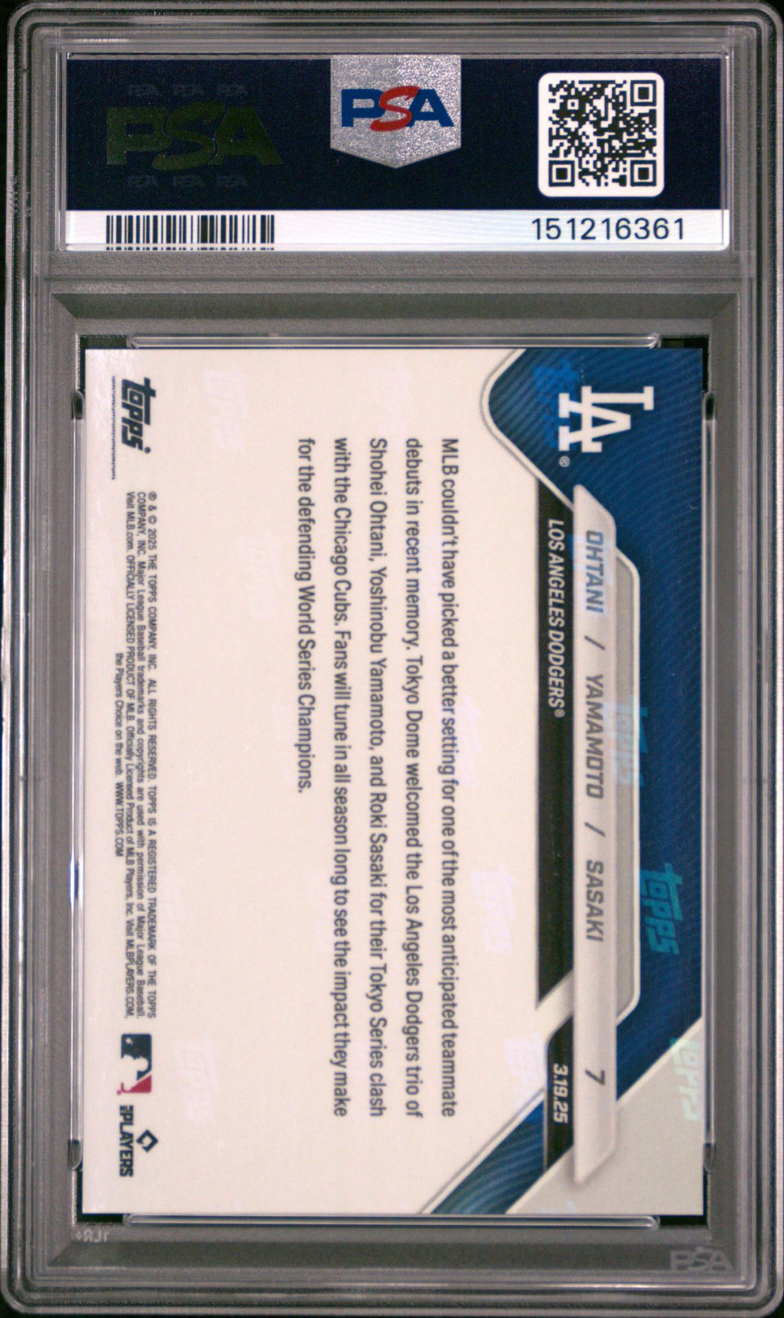 2025 Topps Now Ohtani/Yamamoto/Sasaki #7 Gem Mt 10 back view - PSA certificate #151216361
