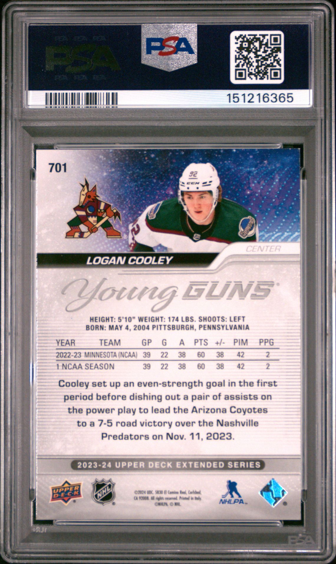 2023 Upper Deck Logan Cooley #701 Mint 9 back