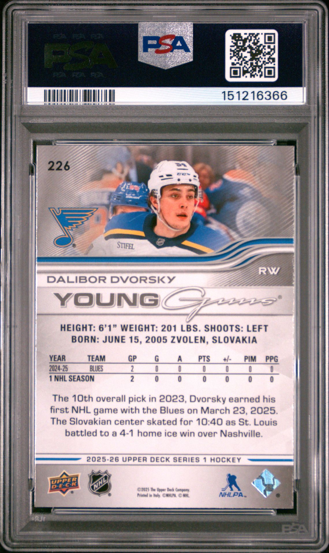 2025 Upper Deck Dalibor Dvorsky #226 Gem Mt 10 back