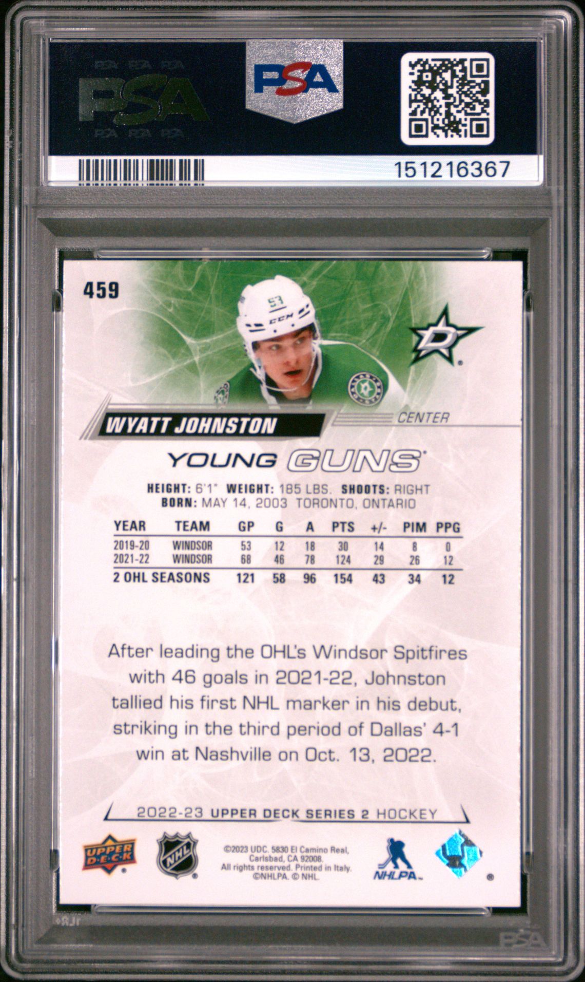 2022 Upper Deck Wyatt Johnston #459 Mint 9 back