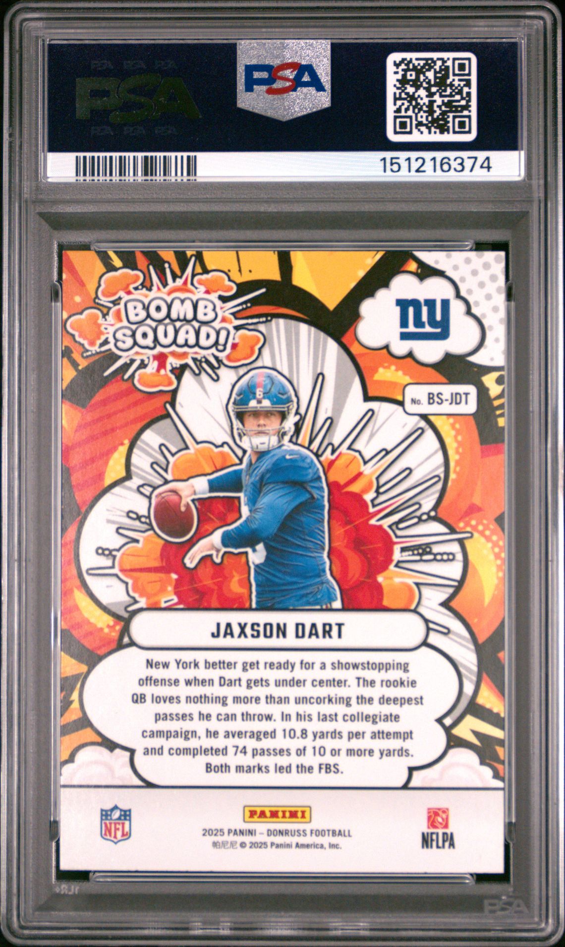 2025 Panini Donruss Bomb Squad Jaxson Dart #Bs-Jdt Gem Mt 10 back view - PSA certificate #151216374