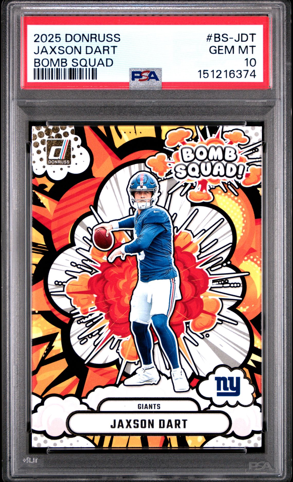 2025 Panini Donruss Bomb Squad Jaxson Dart #Bs-Jdt Gem Mt 10 front view - PSA graded GEM MT 10