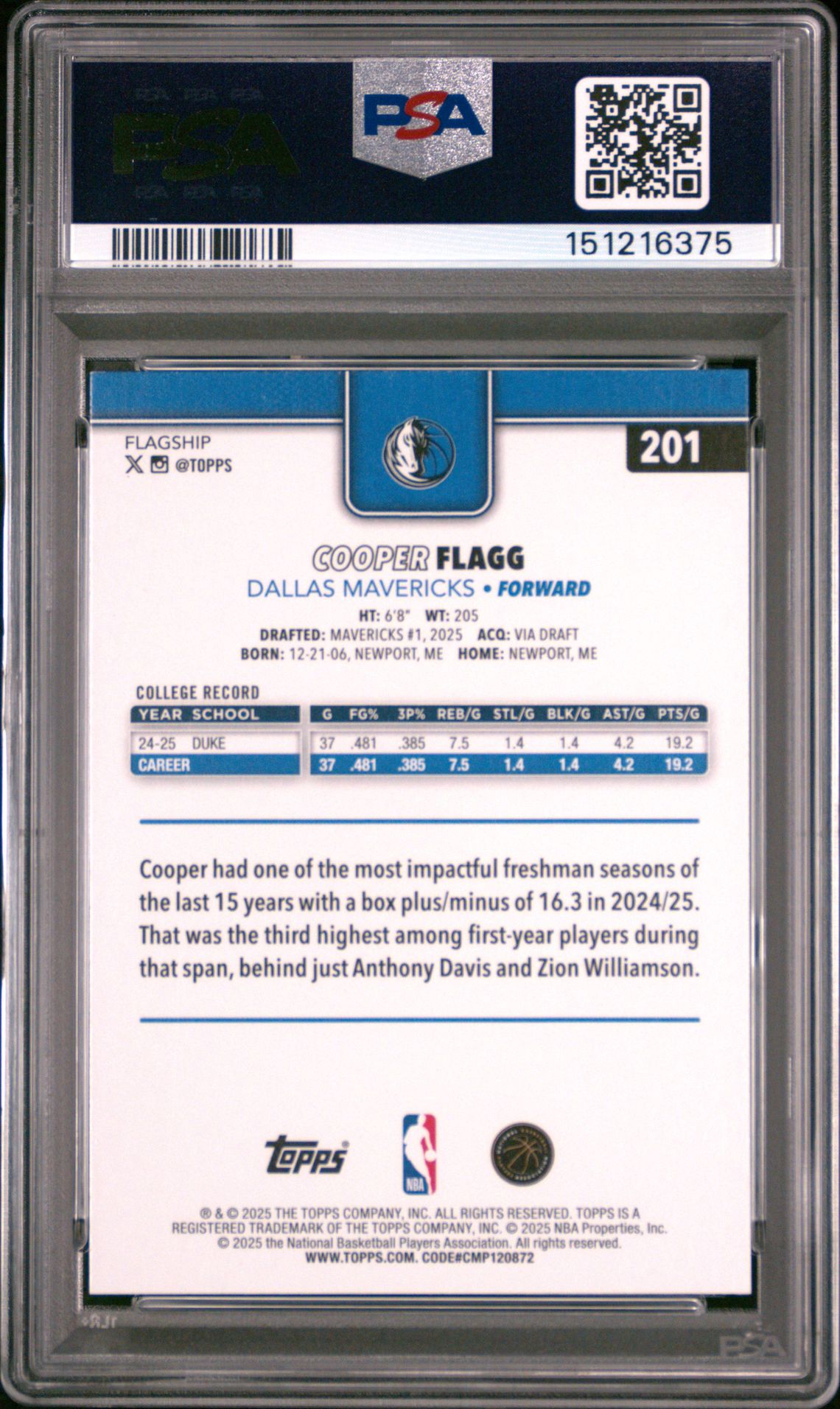 2025 Topps Cooper Flagg #201 Mint 9 back