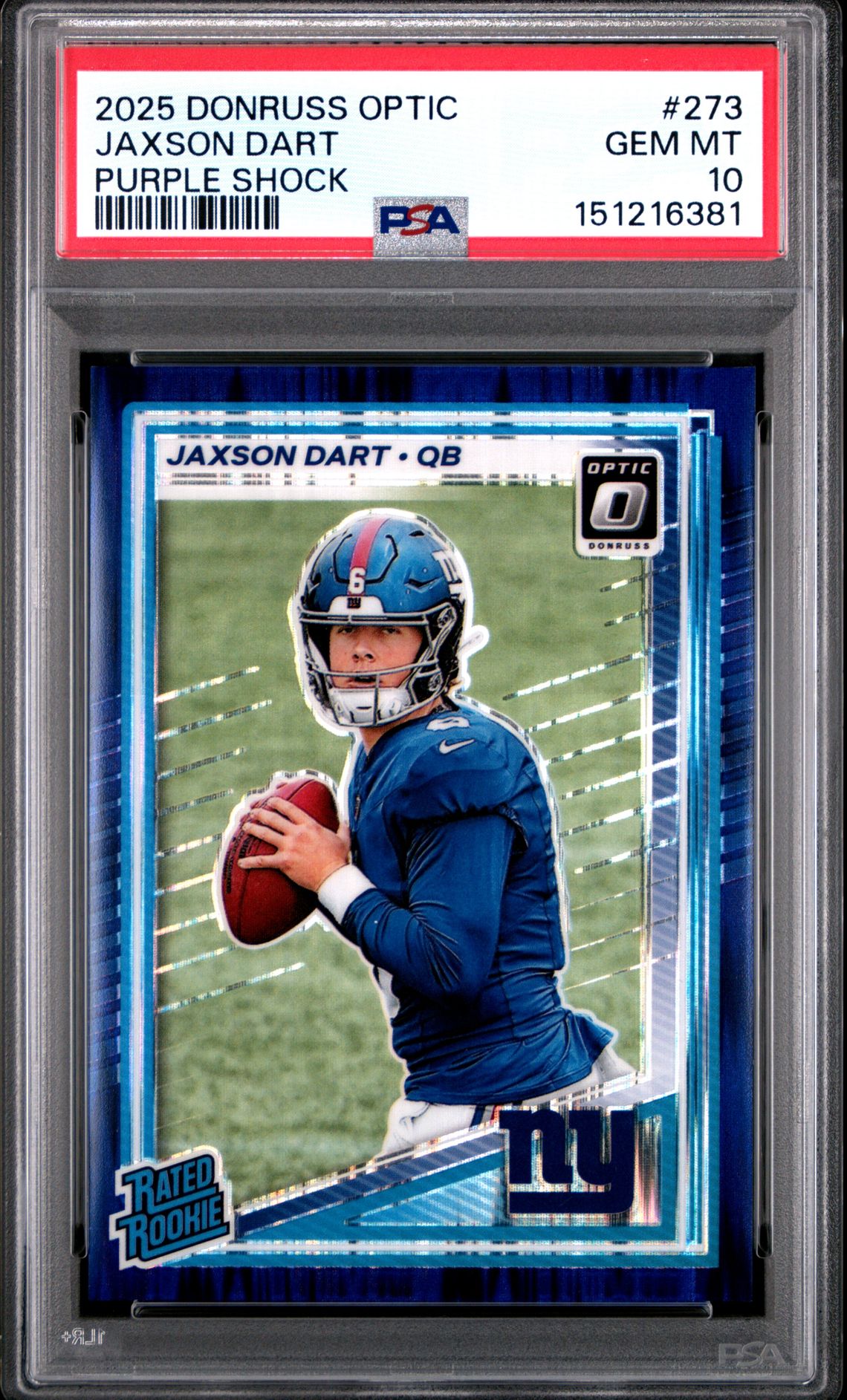 2025 Panini Donruss Optic Jaxson Dart #273 (Purple Shock) Gem Mt 10 front