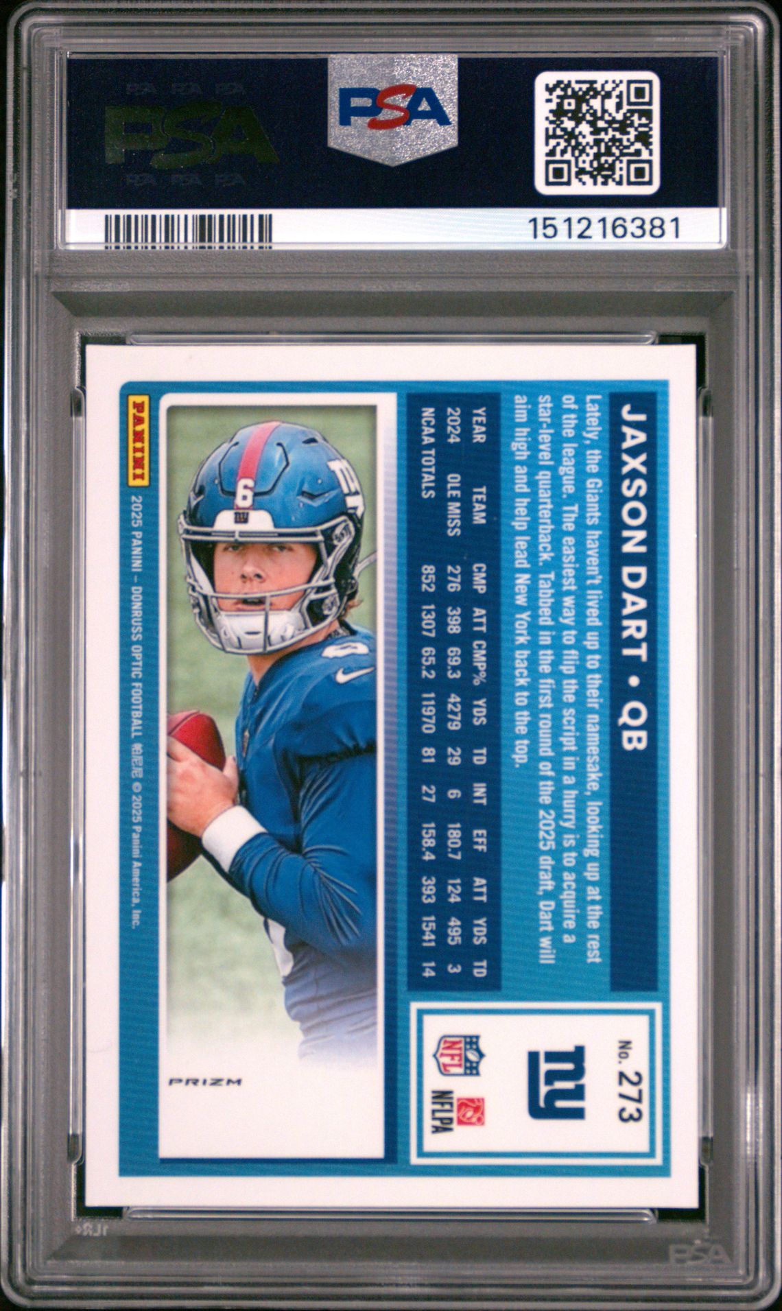 2025 Panini Donruss Optic Jaxson Dart #273 (Purple Shock) Gem Mt 10 back