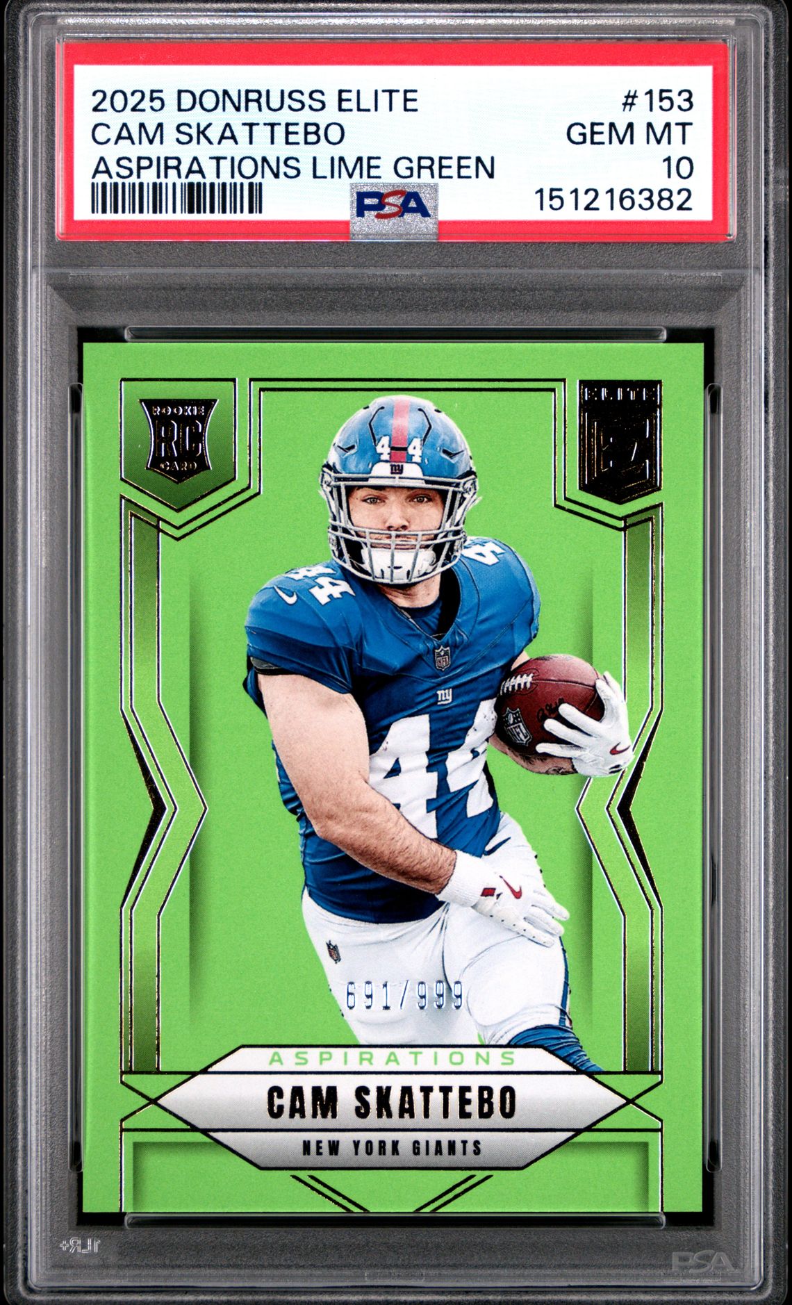2025 Panini Donruss Elite Cam Skattebo #153 (Aspirations Lime Green) Gem Mt 10 front view - PSA graded GEM MT 10
