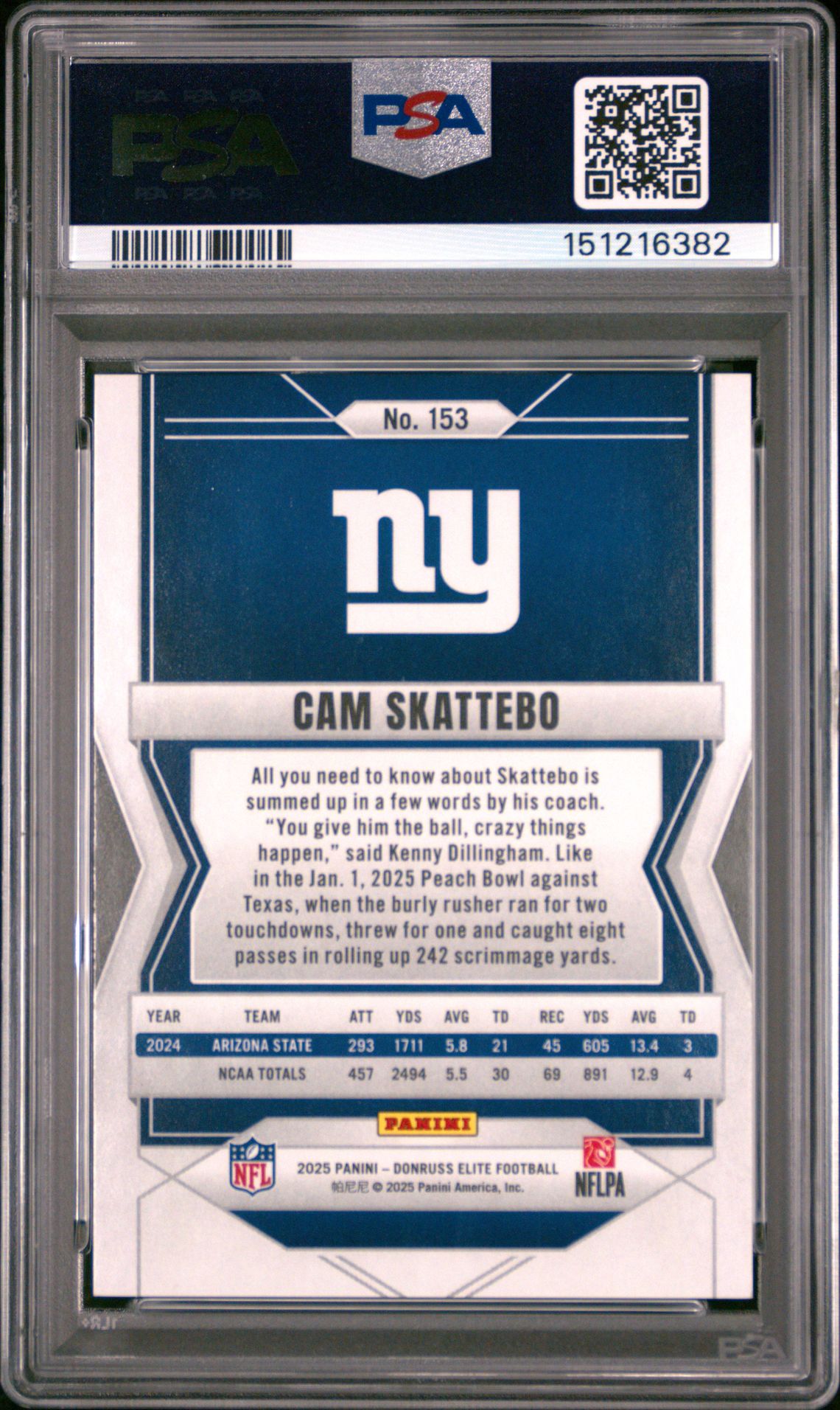 2025 Panini Donruss Elite Cam Skattebo #153 (Aspirations Lime Green) Gem Mt 10 back view - PSA certificate #151216382