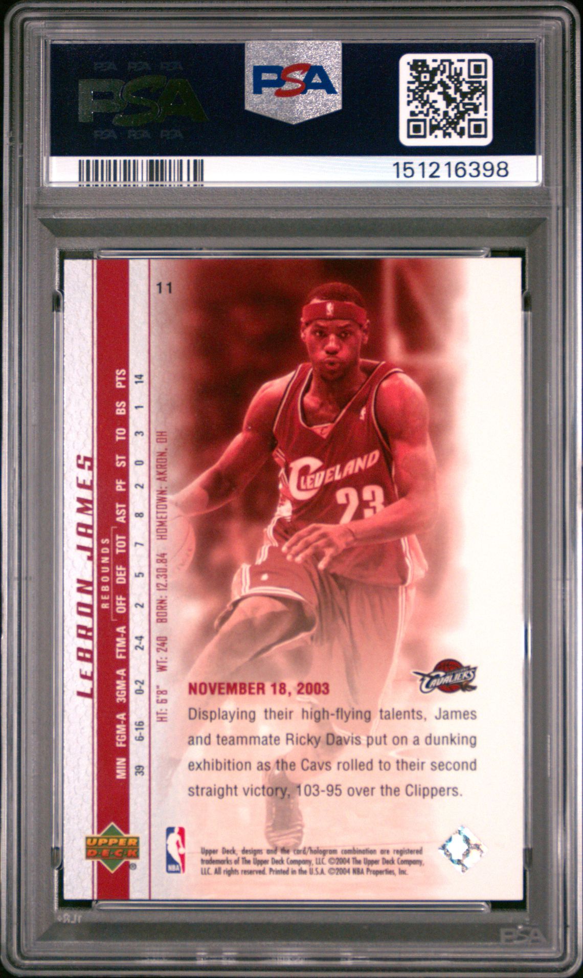 2003 Upper Deck Lebron James Phenomenal Beginnings Lebron James #11 (Phenomenal Beginning) Gem Mt 10 back