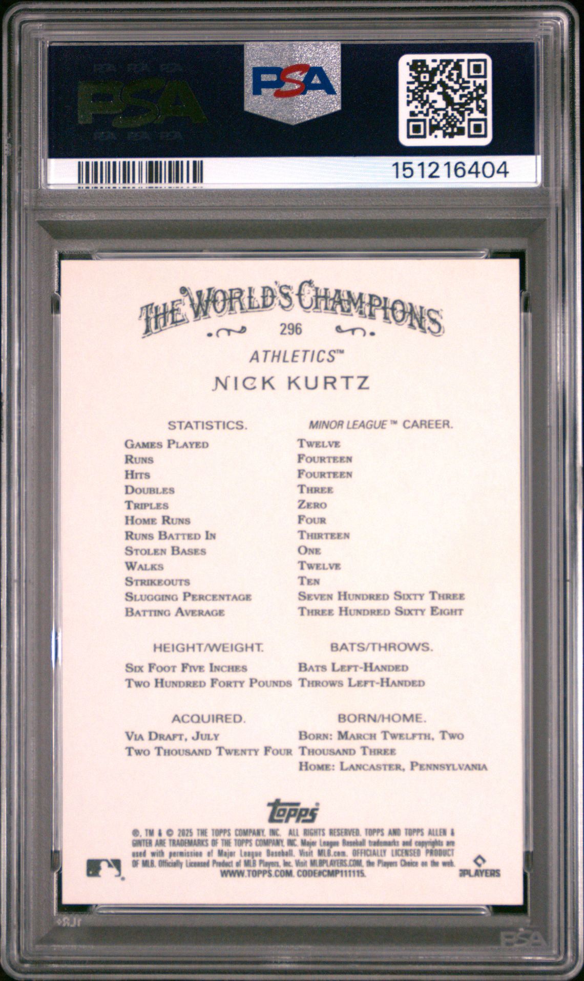 2025 Topps Allen & Ginter Nick Kurtz #296 (Orange Foil Filigree) Gem Mt 10 back view - PSA certificate #151216404