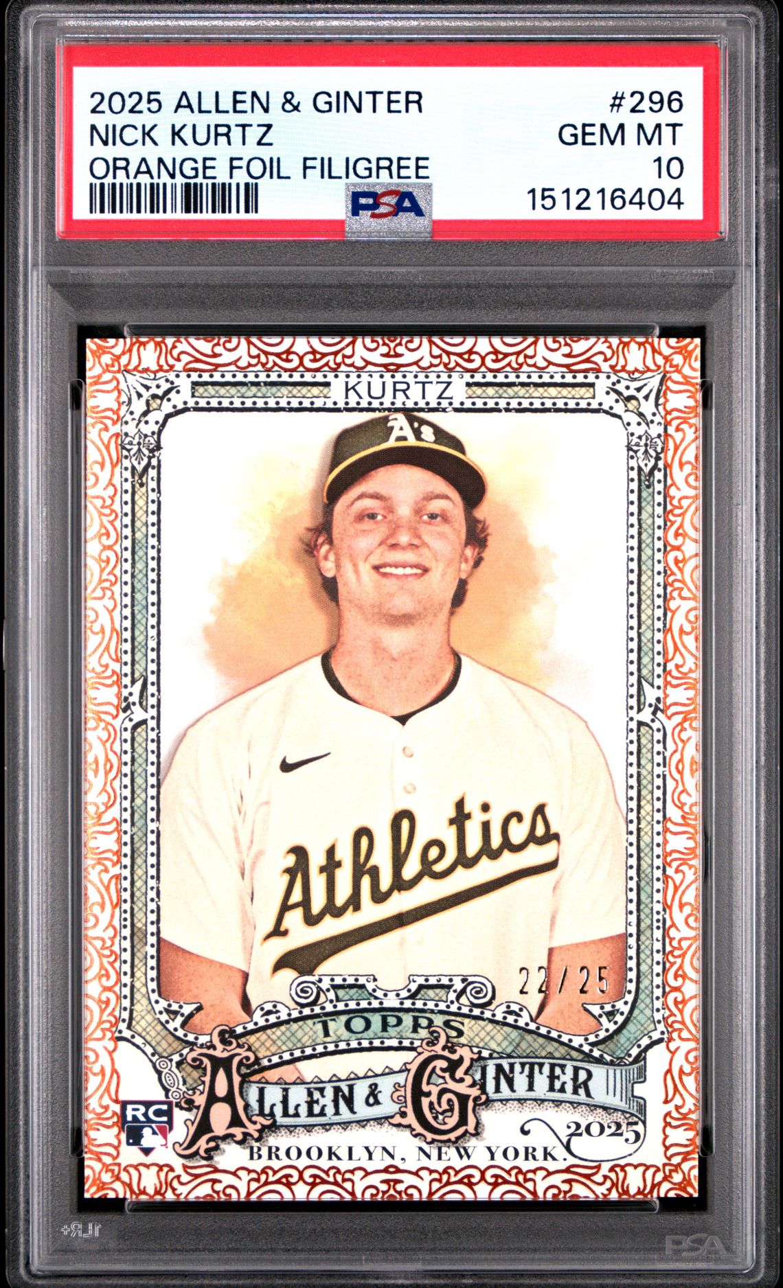 2025 Topps Allen & Ginter Nick Kurtz #296 (Orange Foil Filigree) Gem Mt 10 front view - PSA graded GEM MT 10