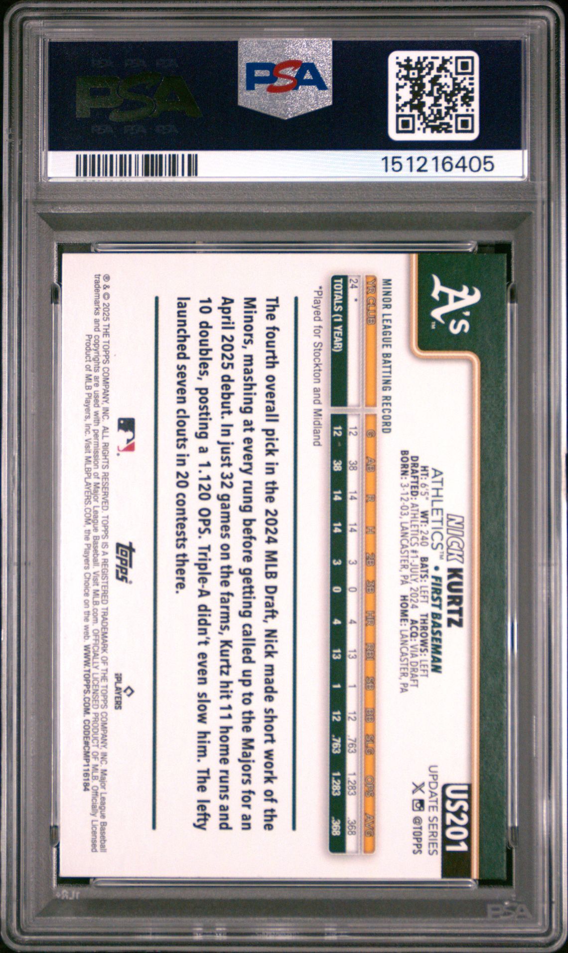 2025 Topps Update Nick Kurtz #201 (Silver Crackle Foilboard) Gem Mt 10 back view - PSA certificate #151216405