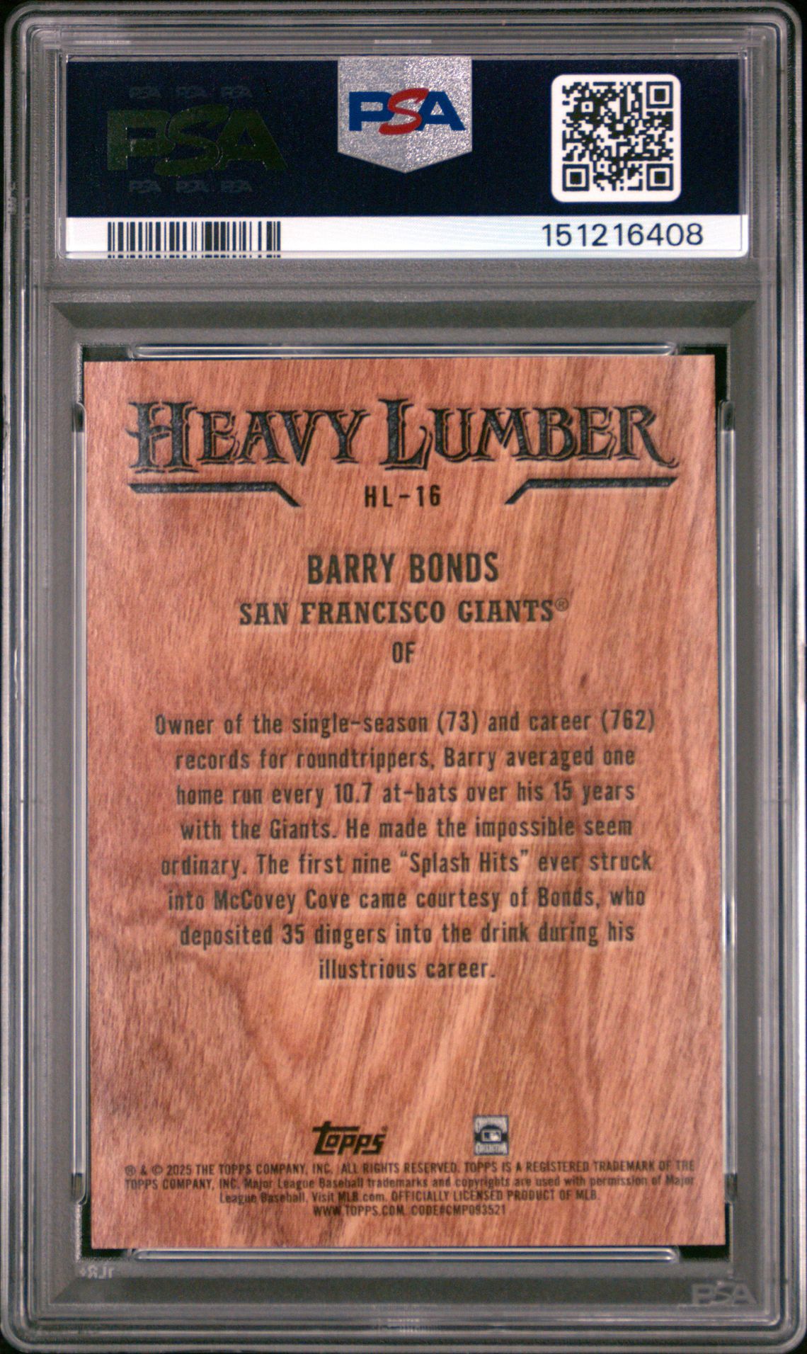 2025 Topps Heavy Lumber Barry Bonds #Hl16 Gem Mt 10 back