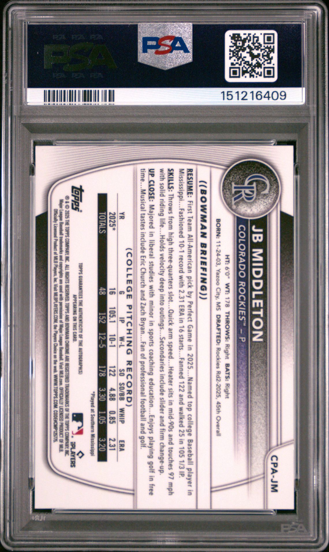 2025 Bowman Draft Chrome Prospect Autographs Jb Middleton #Cpa-Jm (Chr Prospect Au-Sparkle Ref) Mint 9 back