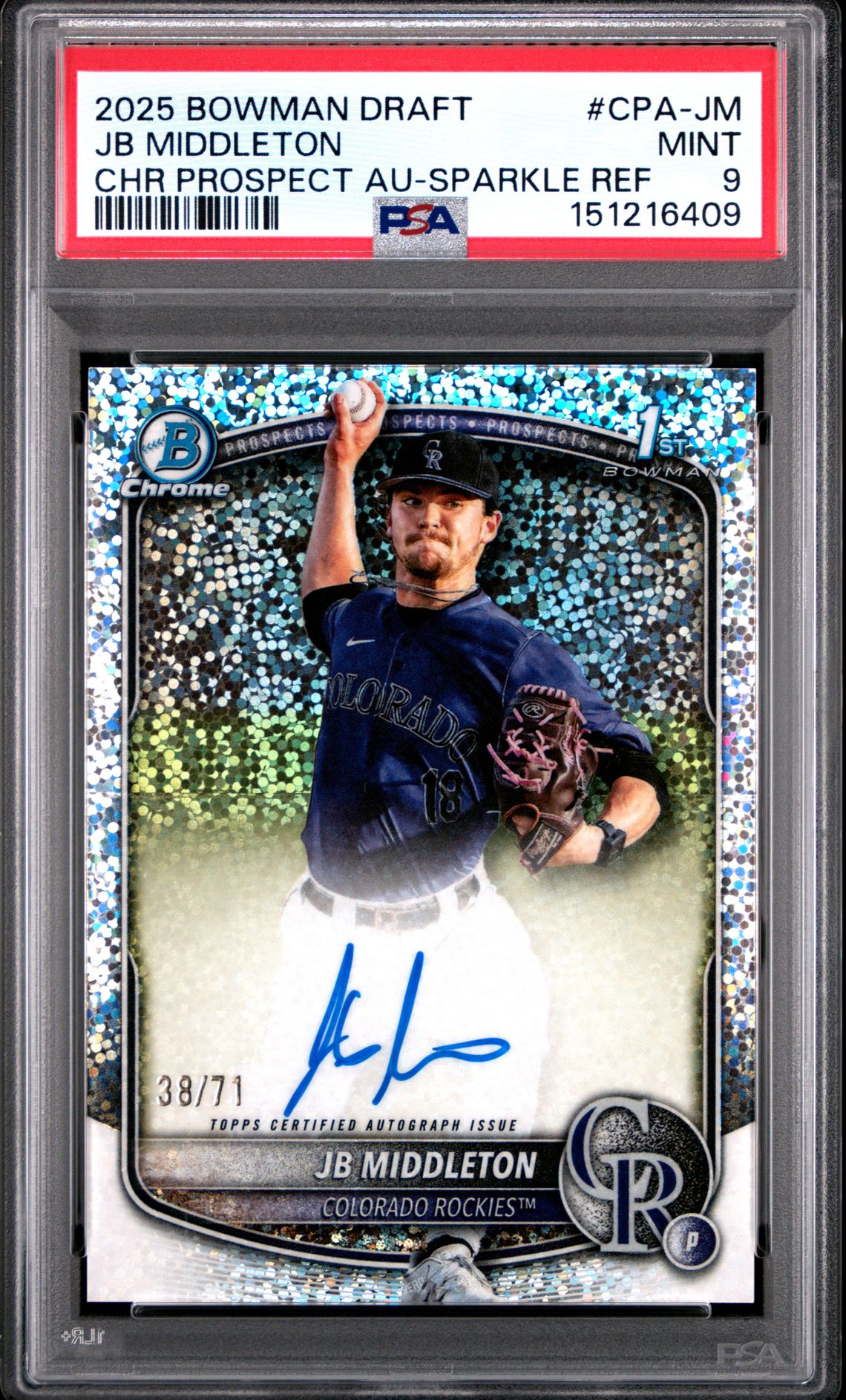 2025 Bowman Draft Chrome Prospect Autographs Jb Middleton #Cpa-Jm (Chr Prospect Au-Sparkle Ref) Mint 9 front