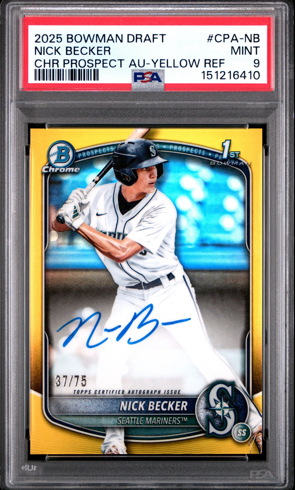 2025 Bowman Draft Chrome Prospect Autographs Nick Becker #Cpa-Nb (Chr Prospect Au-Yellow Ref) Mint 9 front