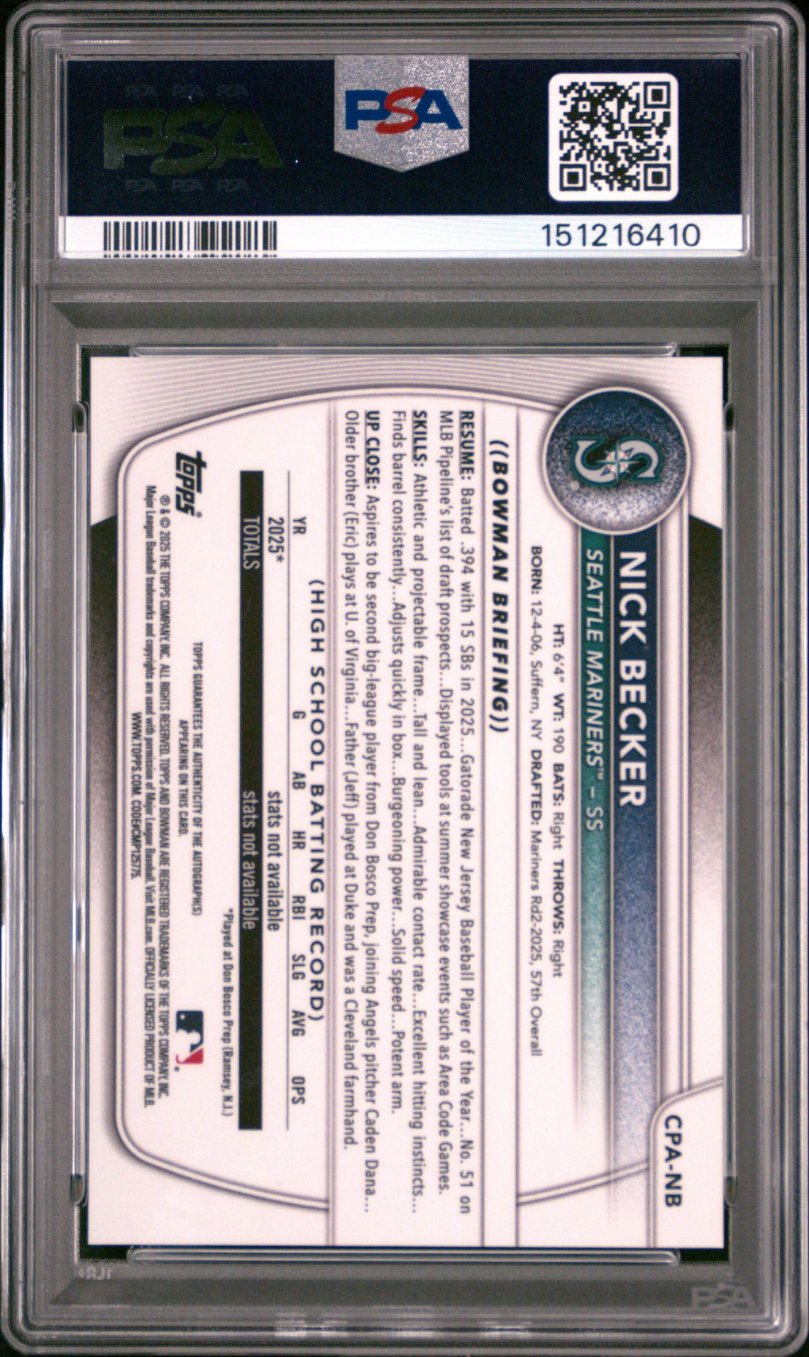 2025 Bowman Draft Chrome Prospect Autographs Nick Becker #Cpa-Nb (Chr Prospect Au-Yellow Ref) Mint 9 back