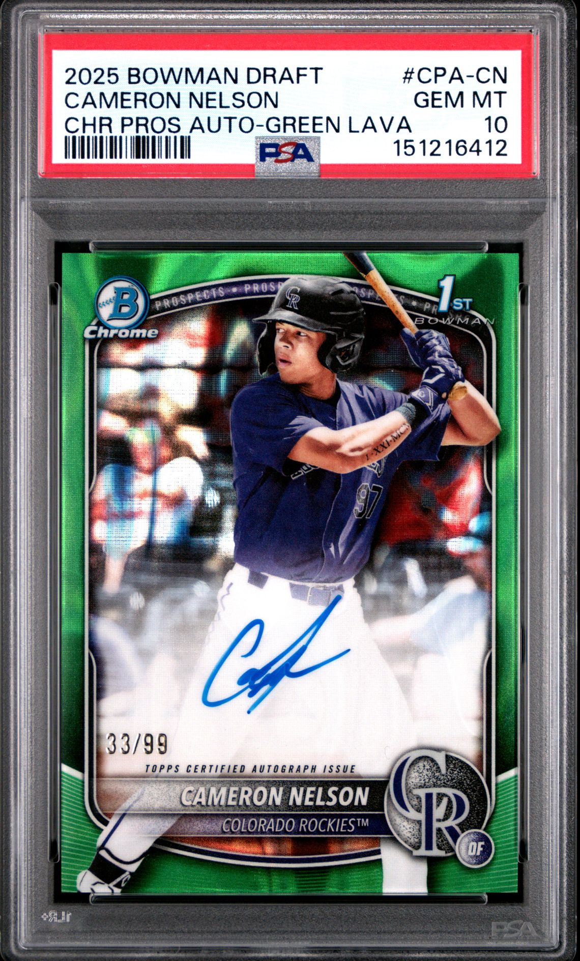 2025 Bowman Draft Chrome Prospect Autographs Cameron Nelson #Cpa-Cn (Chr Pros Auto-Green Lava) Gem Mt 10 front