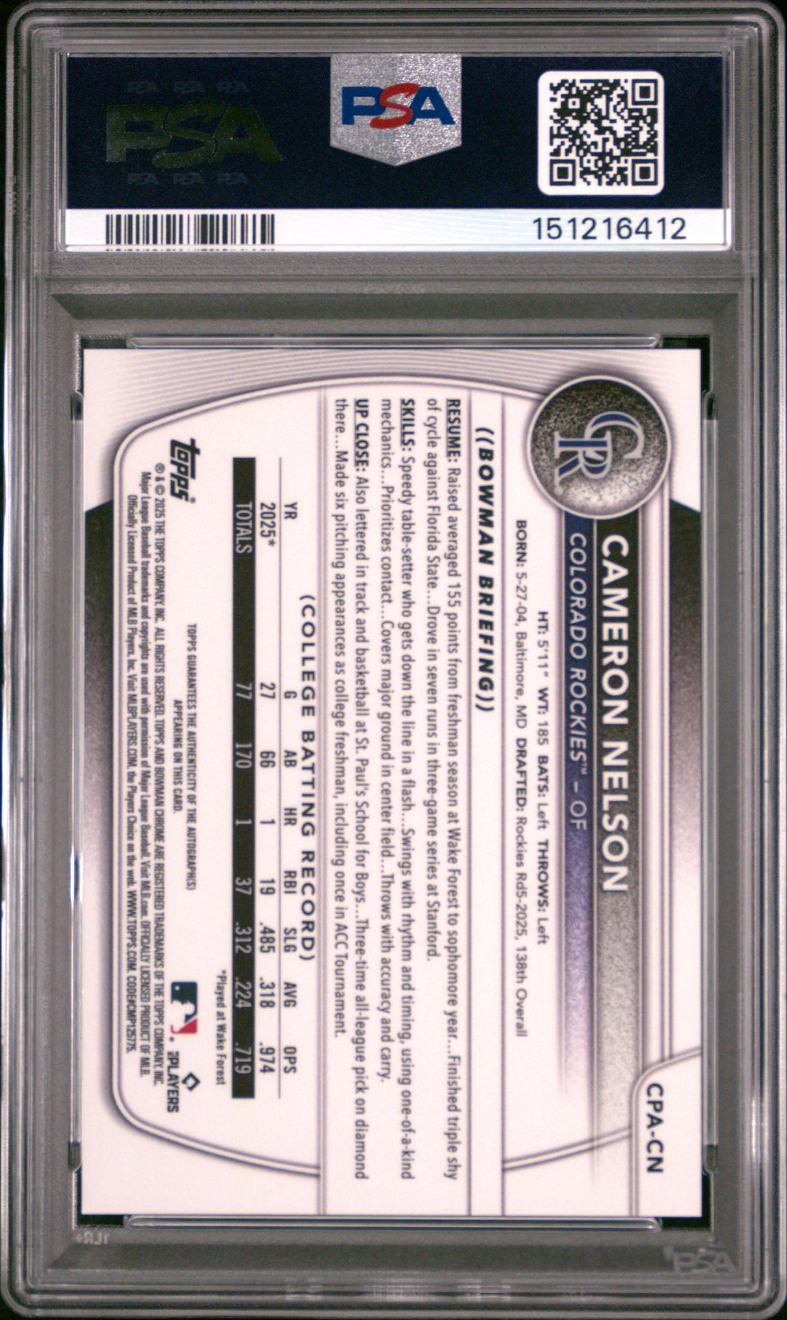 2025 Bowman Draft Chrome Prospect Autographs Cameron Nelson #Cpa-Cn (Chr Pros Auto-Green Lava) Gem Mt 10 back