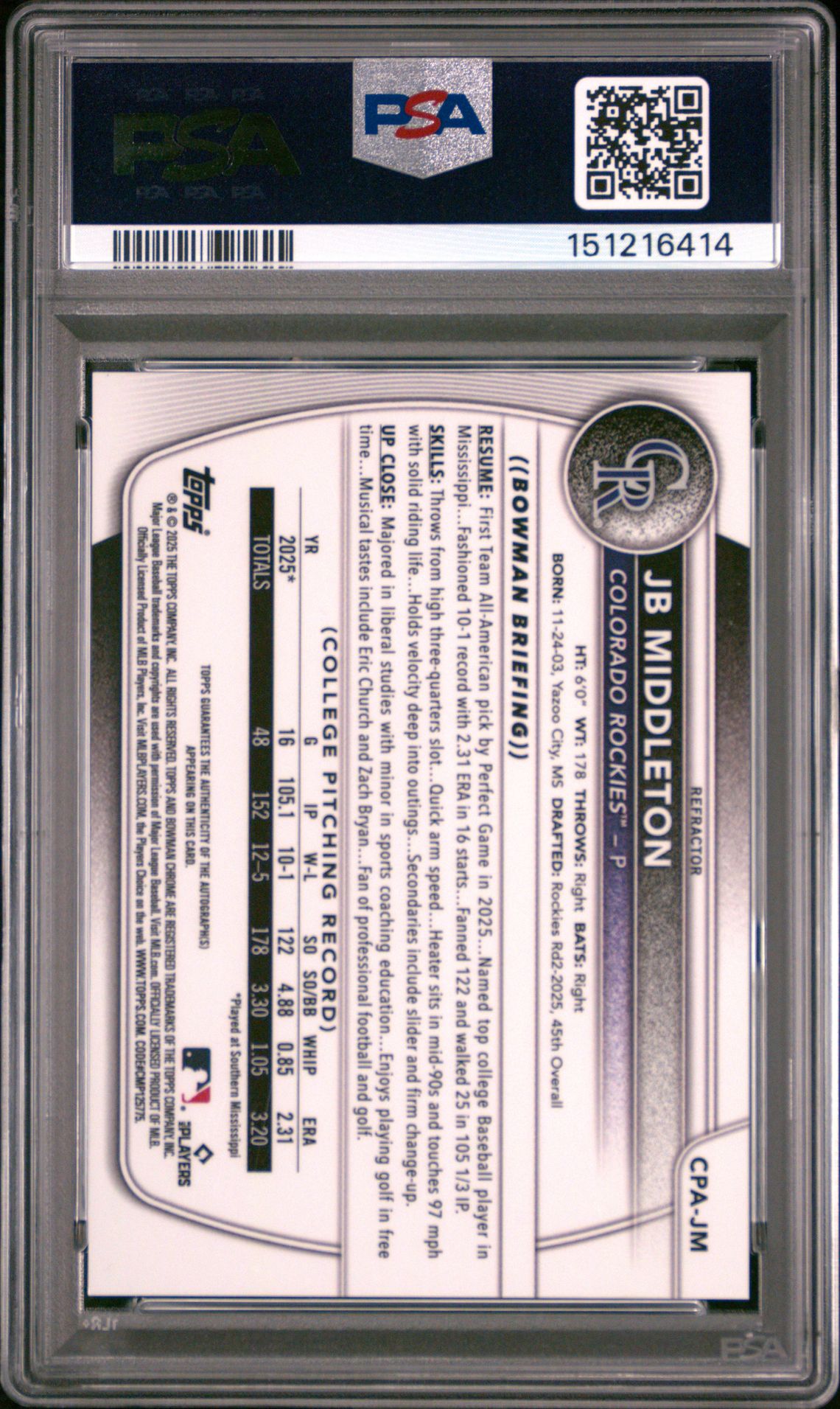 2025 Bowman Draft Chrome Prospect Autographs Jb Middleton #Cpa-Jm (Chr Prospect Au-Refractor) Mint 9 back