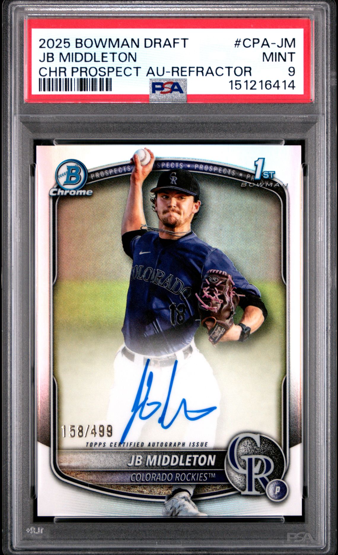 2025 Bowman Draft Chrome Prospect Autographs Jb Middleton #Cpa-Jm (Chr Prospect Au-Refractor) Mint 9 front