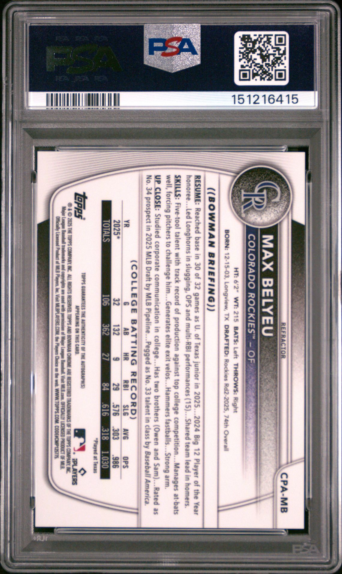 2025 Bowman Draft Chrome Prospect Autographs Max Belyeu #Cpa-Mb (Chr Prospect Au-Refractor) Mint 9 back