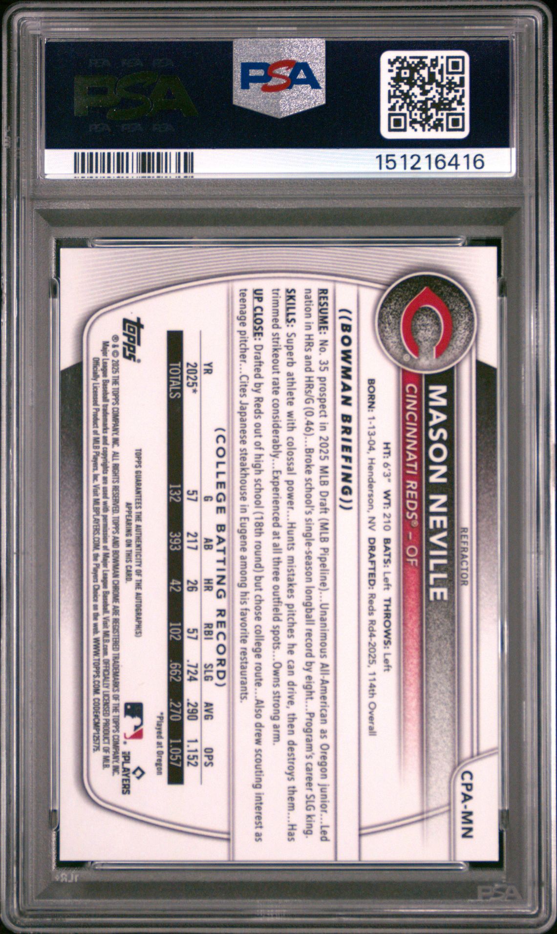 2025 Bowman Draft Chrome Prospect Autographs Mason Neville #Cpa-Mn (Chr Prospect Au-Refractor) Mint 9 back