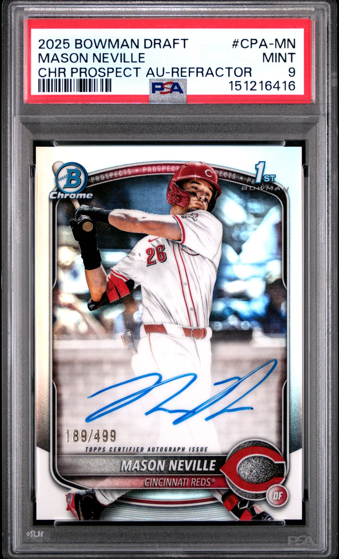 2025 Bowman Draft Chrome Prospect Autographs Mason Neville #Cpa-Mn (Chr Prospect Au-Refractor) Mint 9 front