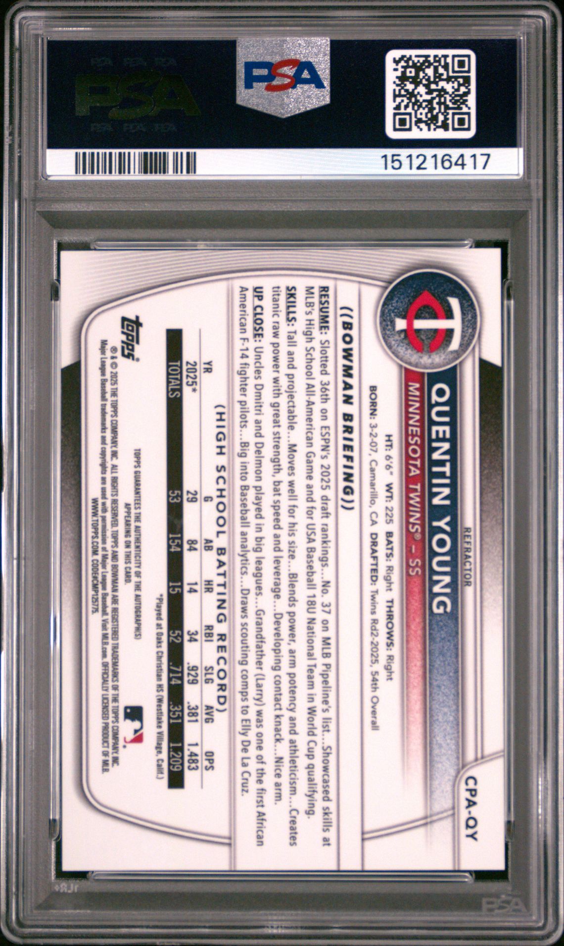 2025 Bowman Draft Chrome Prospect Autographs Quentin Young #Cpa-Qy (Chr Prospect Au-Refractor) Gem Mt 10 back