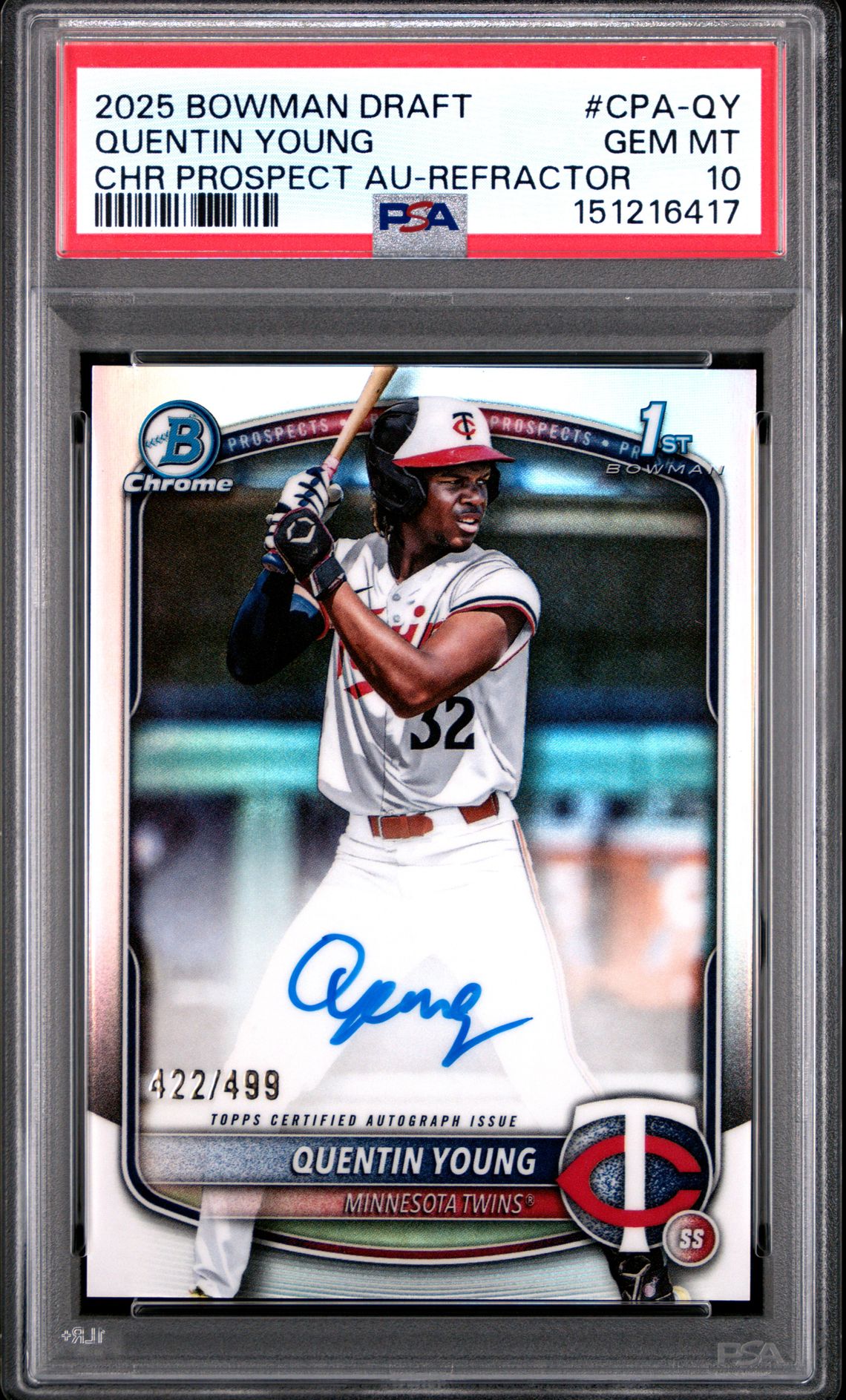 2025 Bowman Draft Chrome Prospect Autographs Quentin Young #Cpa-Qy (Chr Prospect Au-Refractor) Gem Mt 10 front