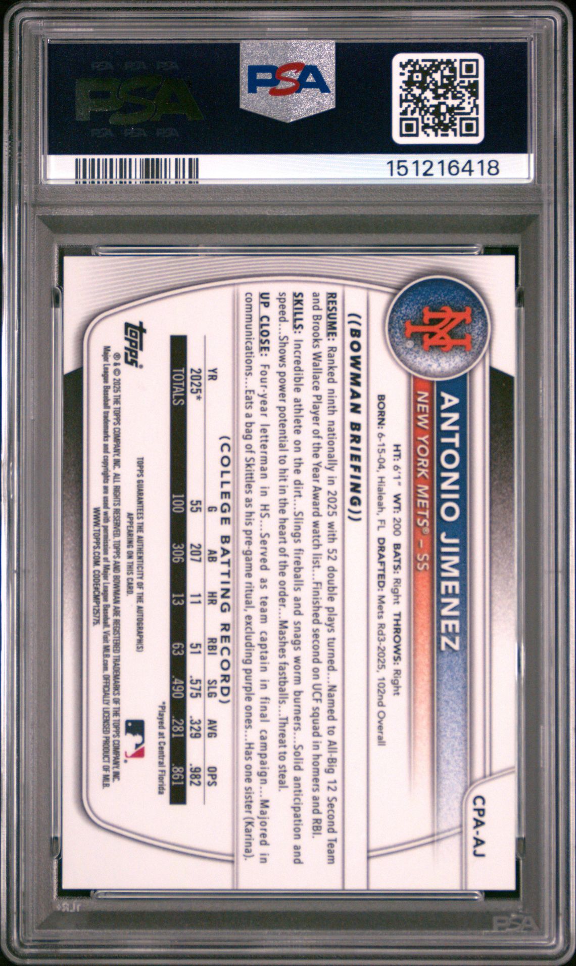 2025 Bowman Draft Chrome Prospect Autographs Antonio Jimenez #Cpa-Aj Gem Mt 10 back view - PSA certificate #151216418