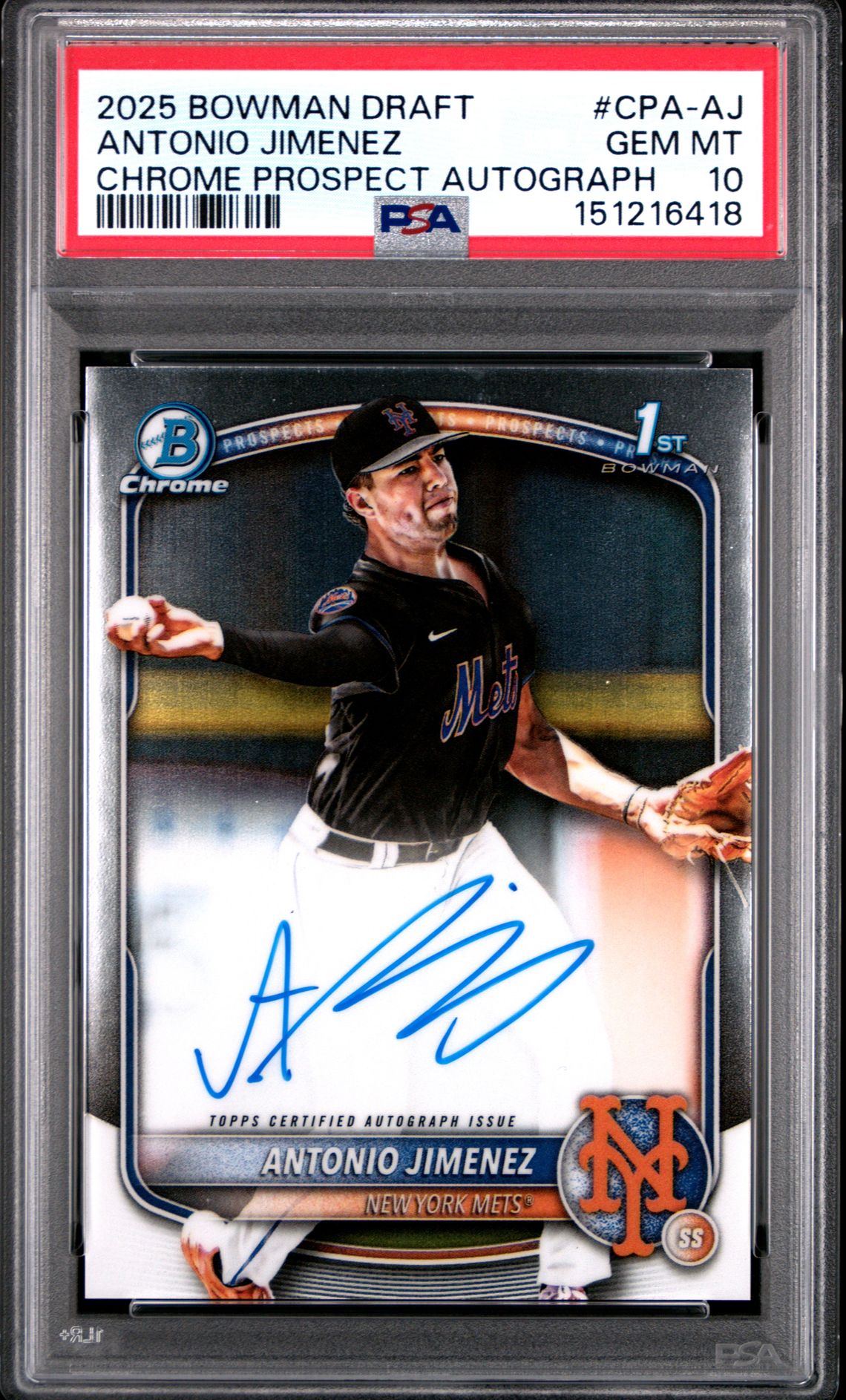 2025 Bowman Draft Chrome Prospect Autographs Antonio Jimenez #Cpa-Aj Gem Mt 10 front view - PSA graded GEM MT 10