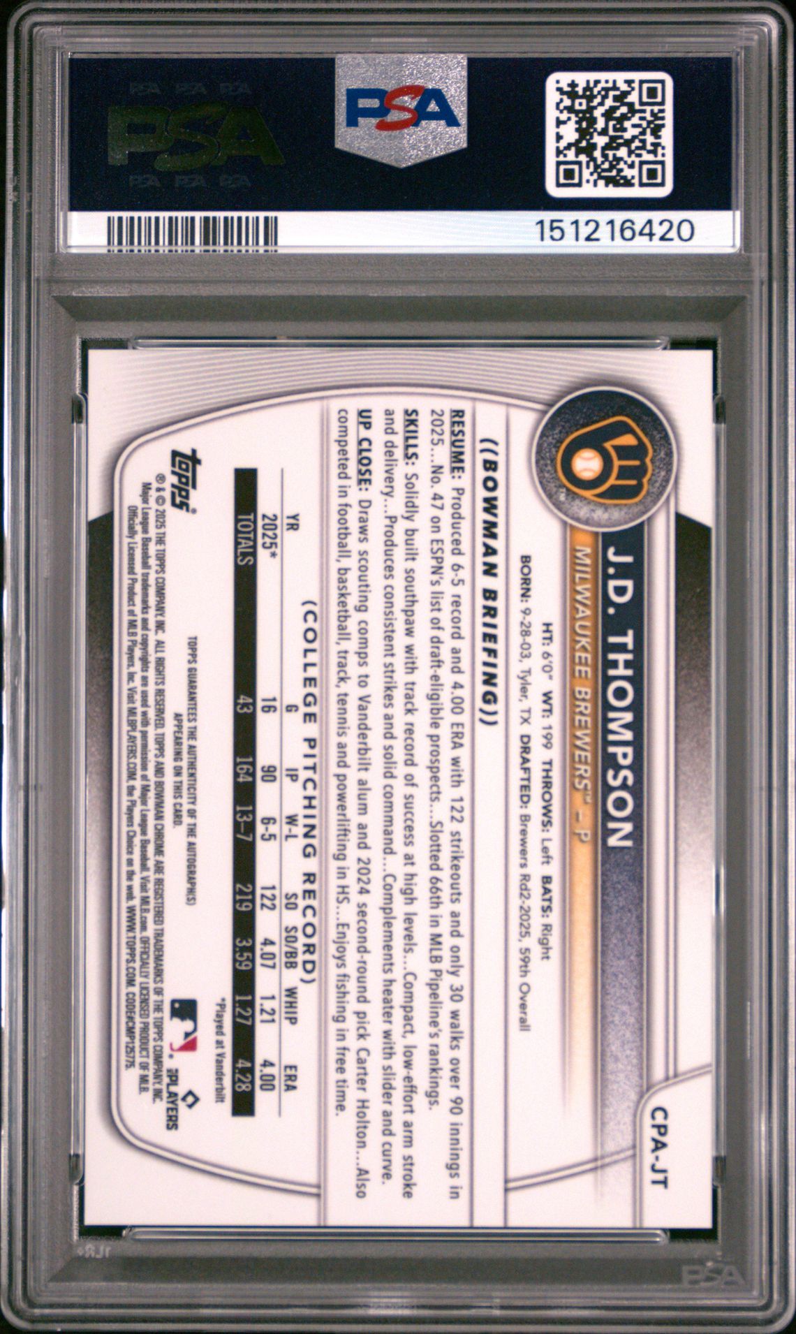2025 Bowman Draft Chrome Prospect Autographs Jd Thompson #Cpa-Jt Mint 9 back