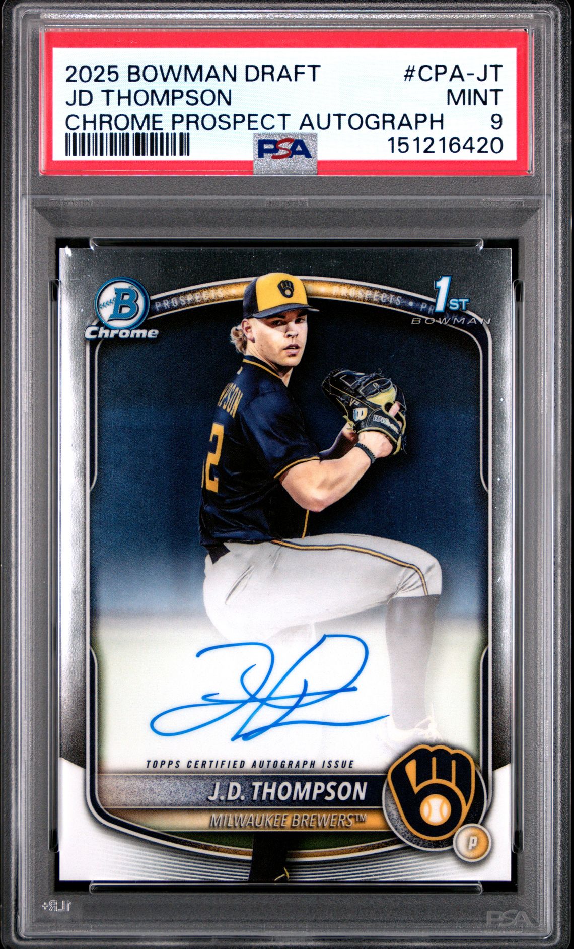 2025 Bowman Draft Chrome Prospect Autographs Jd Thompson #Cpa-Jt Mint 9 front