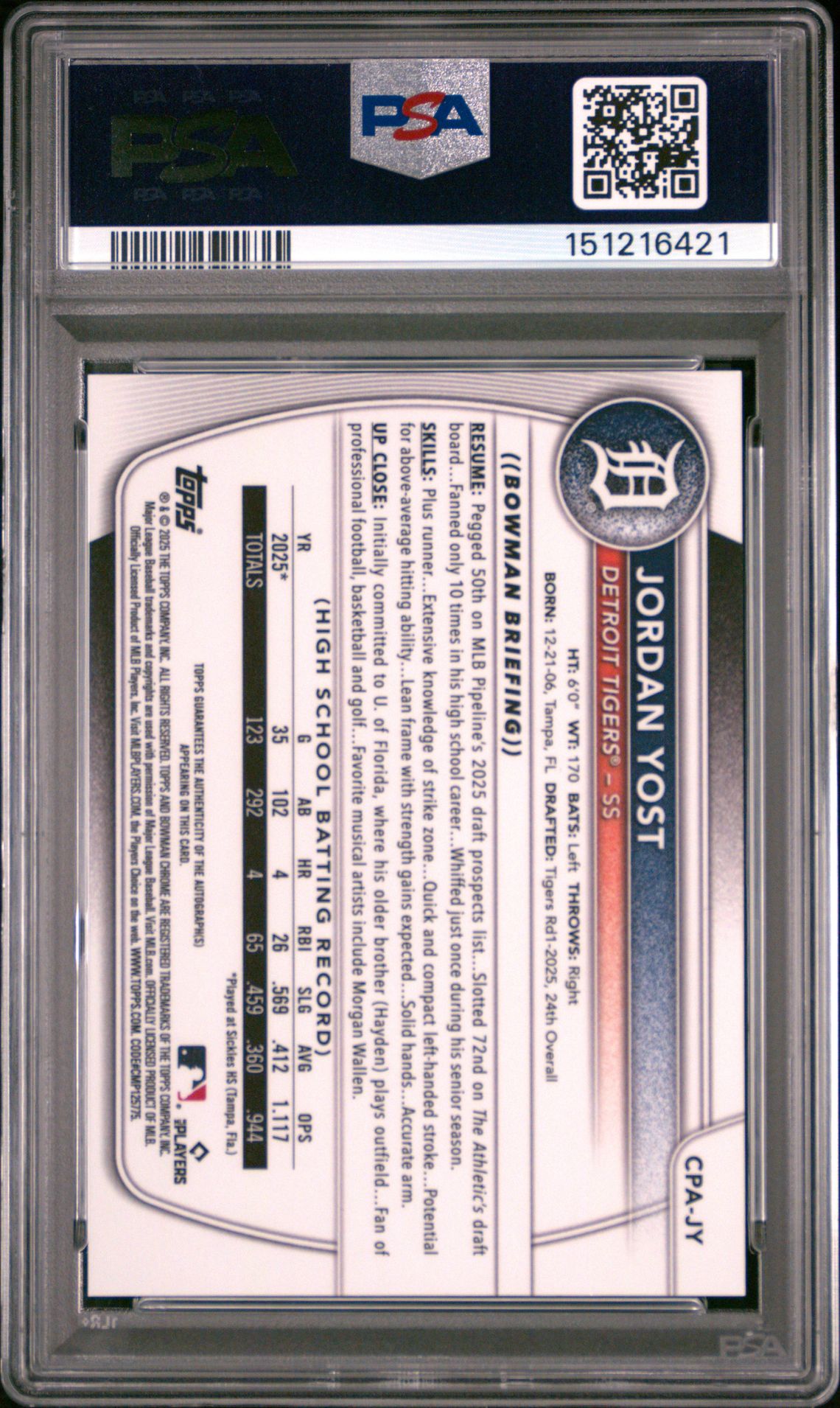 2025 Bowman Draft Chrome Prospect Autographs Jordan Yost #Cpa-Jy Gem Mt 10 back