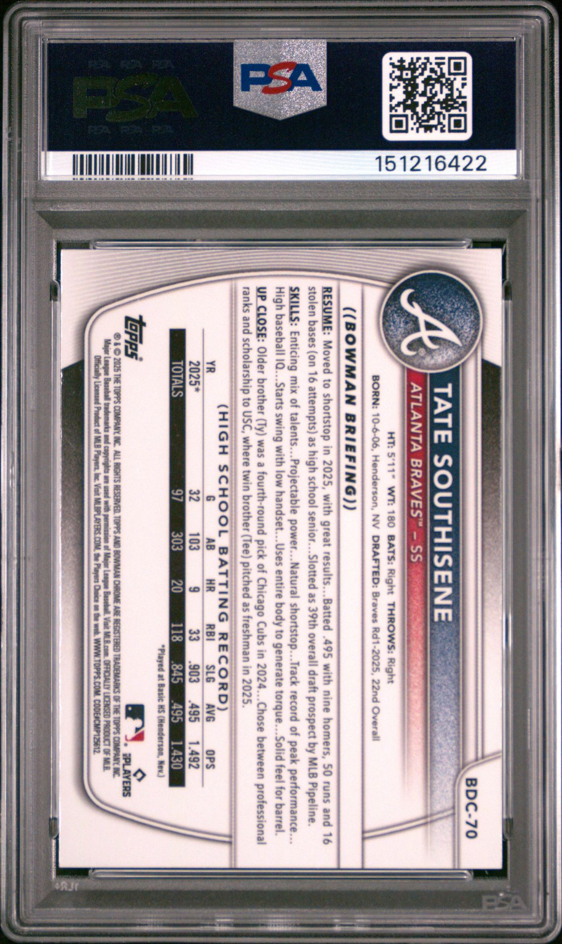 2025 Bowman Draft Tate Southisene #Bdc-70 (Chrome-Green Reptilian) Mint 9 back