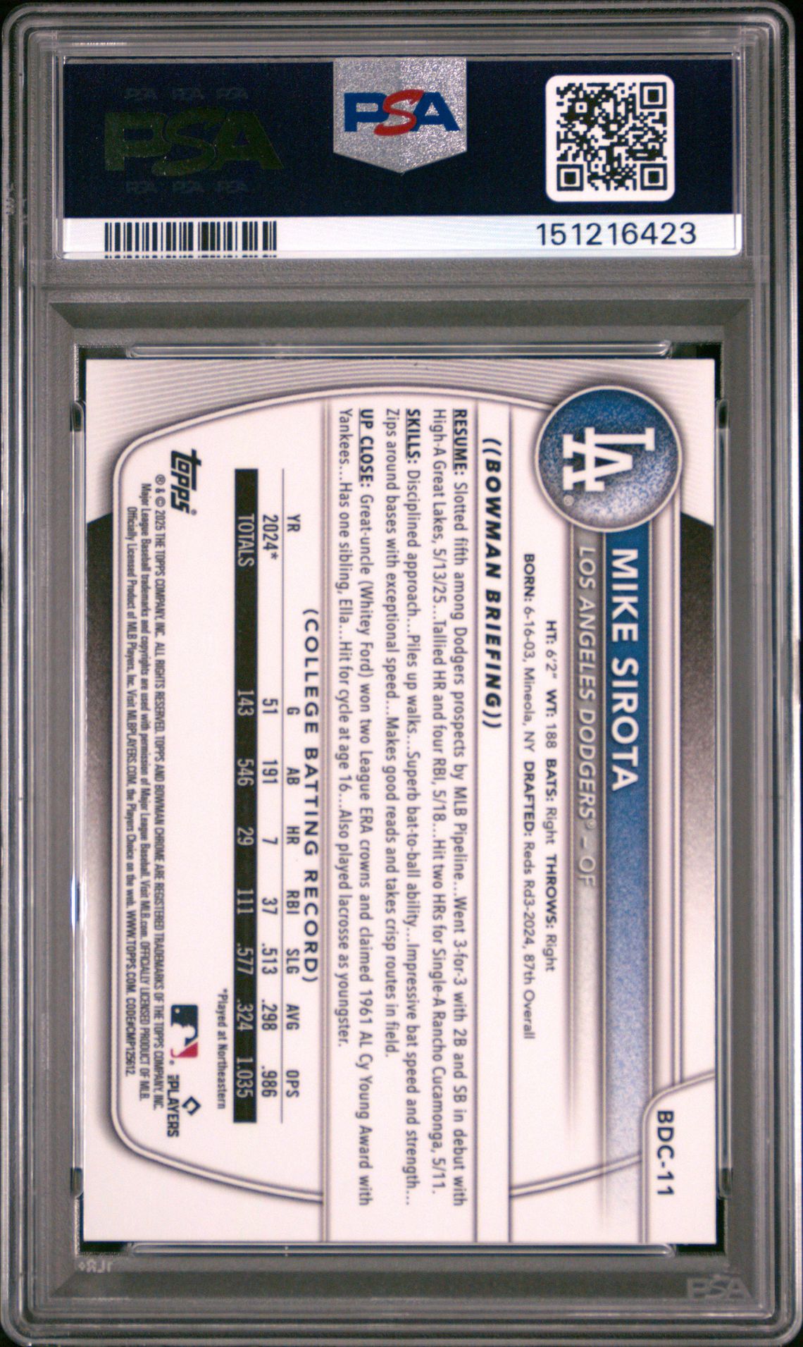 2025 Bowman Draft Mike Sirota #Bdc-11 (Chrome-Steel Metal) Mint 9 back