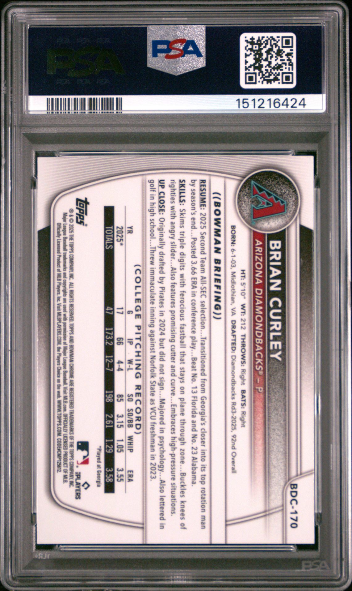 2025 Bowman Draft Brian Curley #Bdc-170 (Chrome-Blue Refractor) Mint 9 back