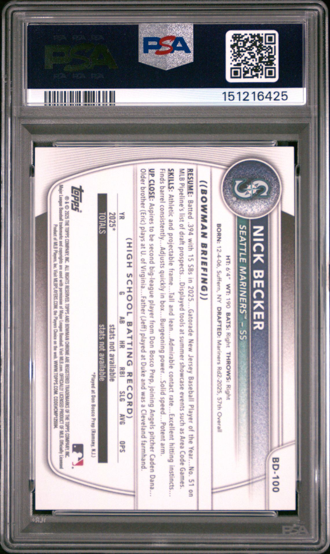 2025 Bowman Draft Nick Becker #Bd-100 (Blue Border) Gem Mt 10 back