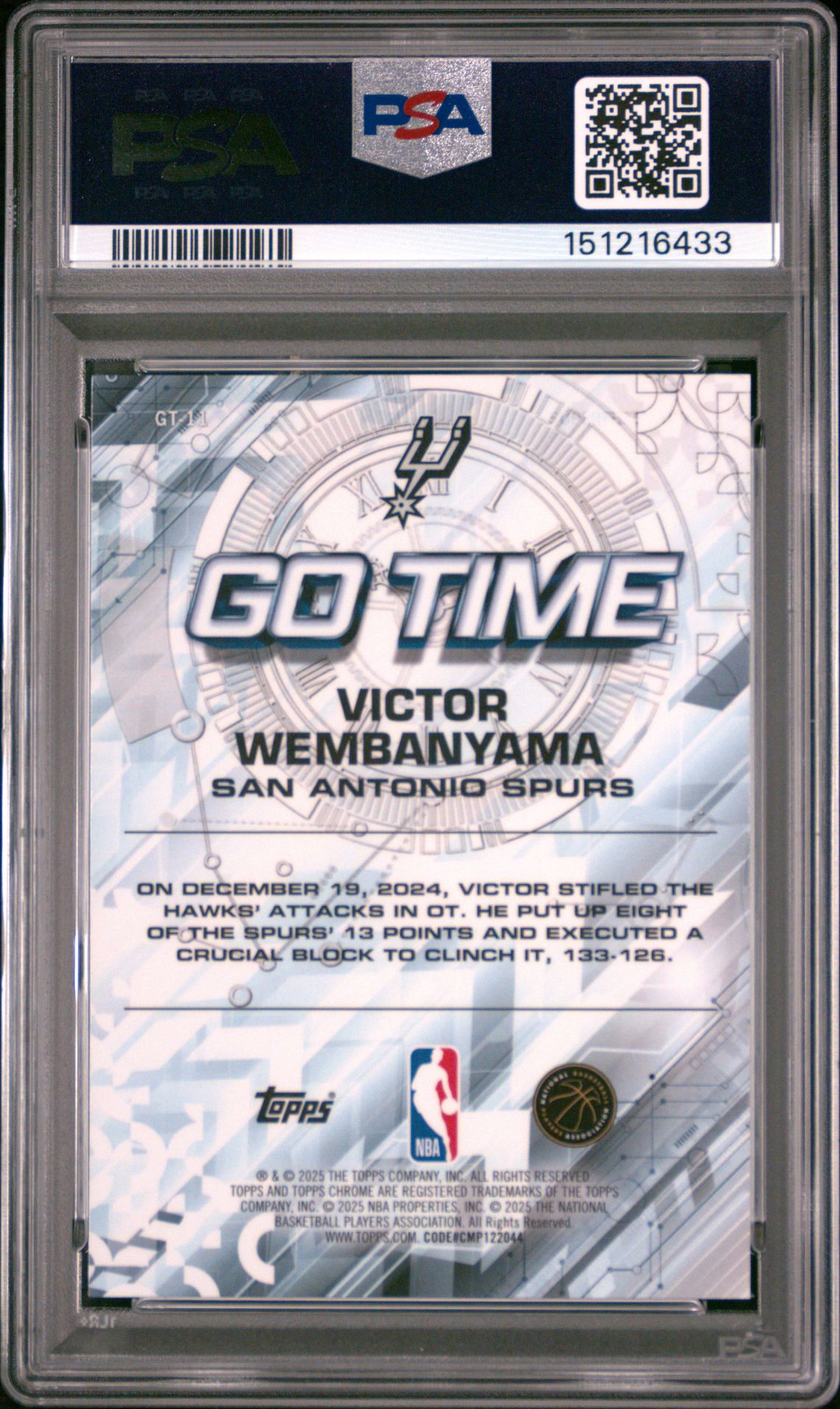 2025 Topps Chrome Go Time Victor Wembanyama #Gt-11 (Go Time-Raywave) Gem Mt 10 back view - PSA certificate #151216433