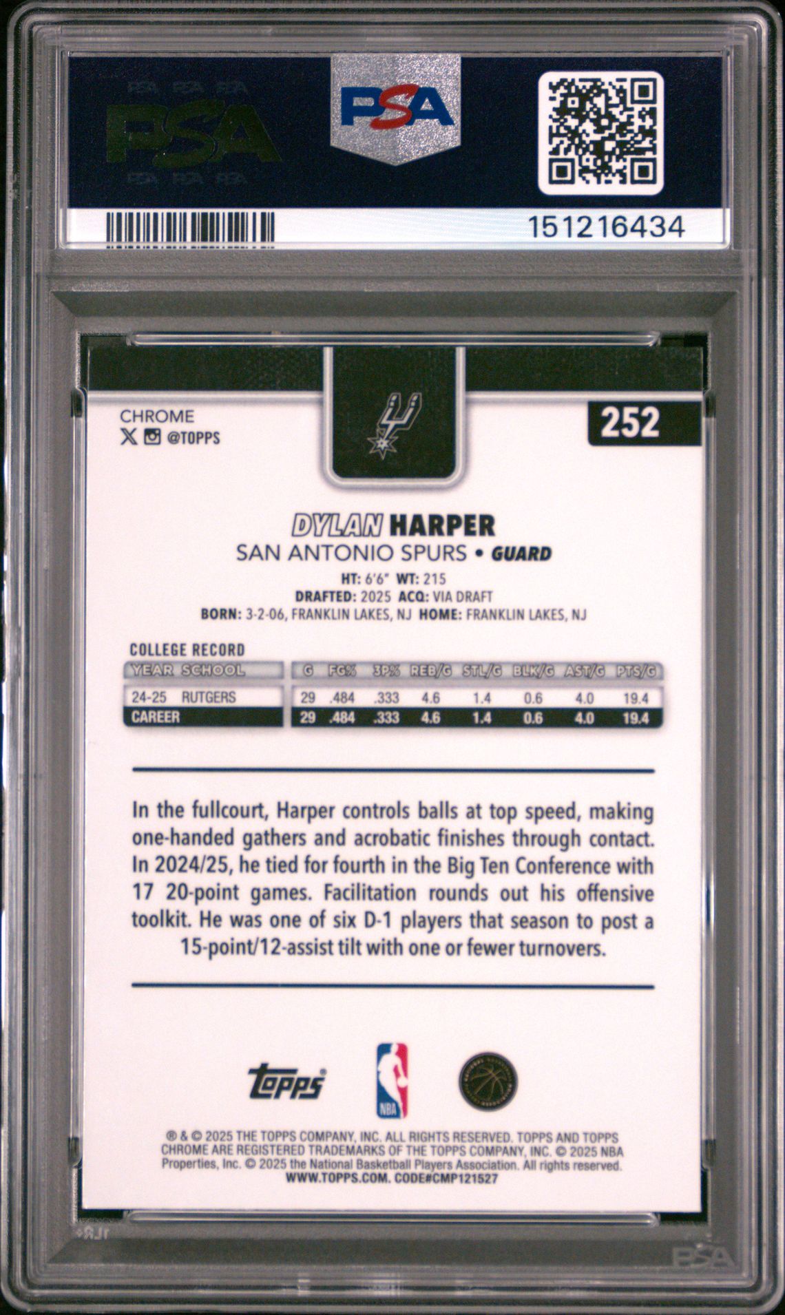 2025 Topps Chrome Dylan Harper #252 (X-Fractor) Mint 9 back