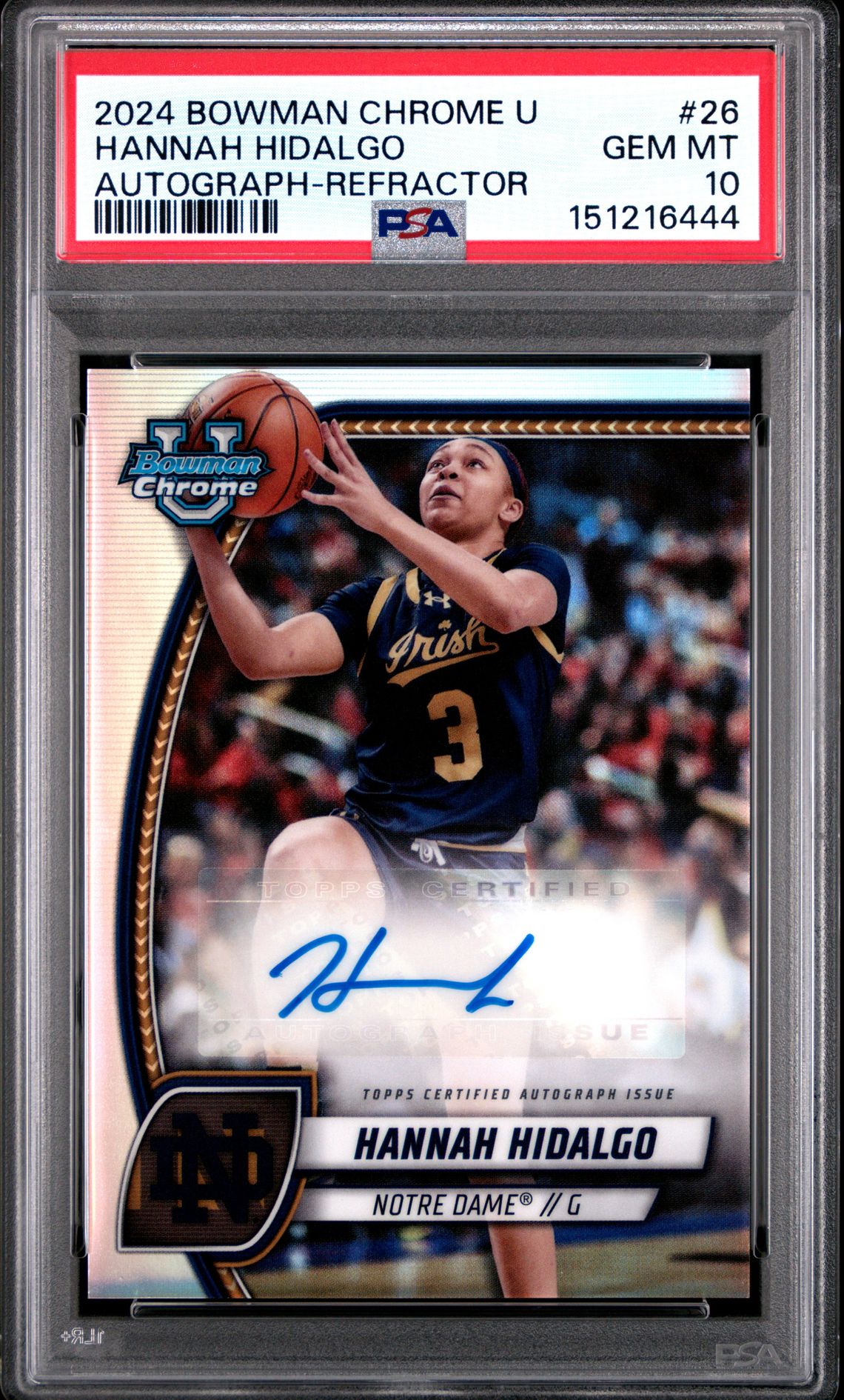 2024 BOWMAN CHROME UNIVERSITY HANNAH HIDALGO AUTOGRAPH-REFRACTOR 26 GEM MT 10 front