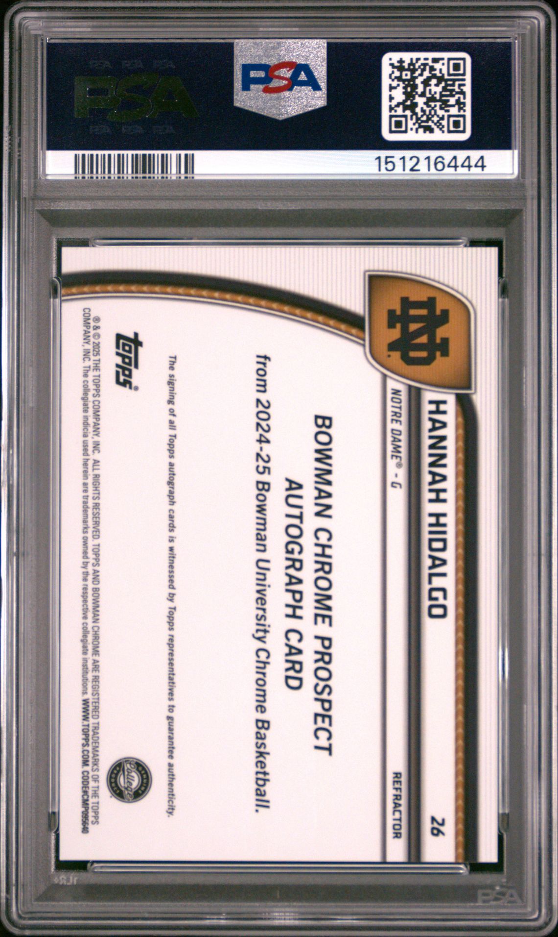 2024 BOWMAN CHROME UNIVERSITY HANNAH HIDALGO AUTOGRAPH-REFRACTOR 26 GEM MT 10 back