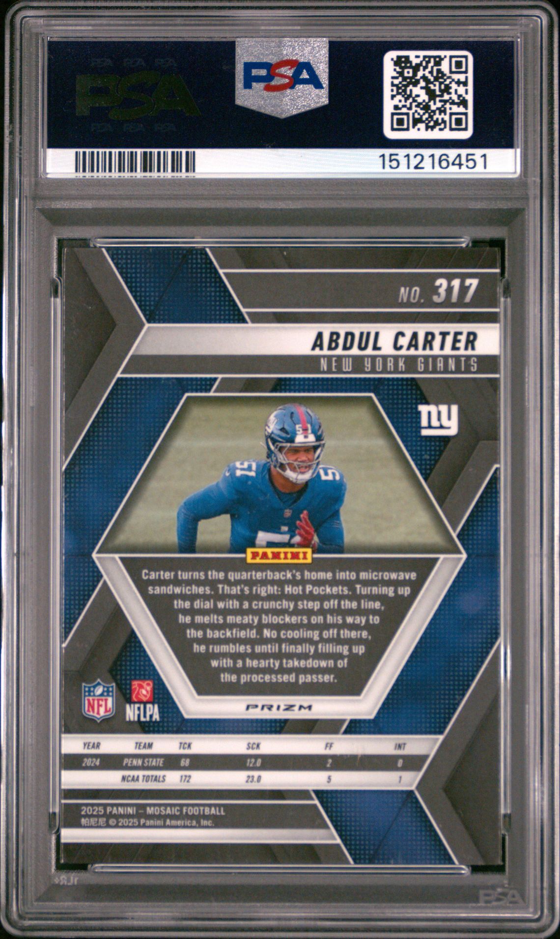 2025 Panini Mosaic Abdul Carter #317 (Genesis) Mint 9 back