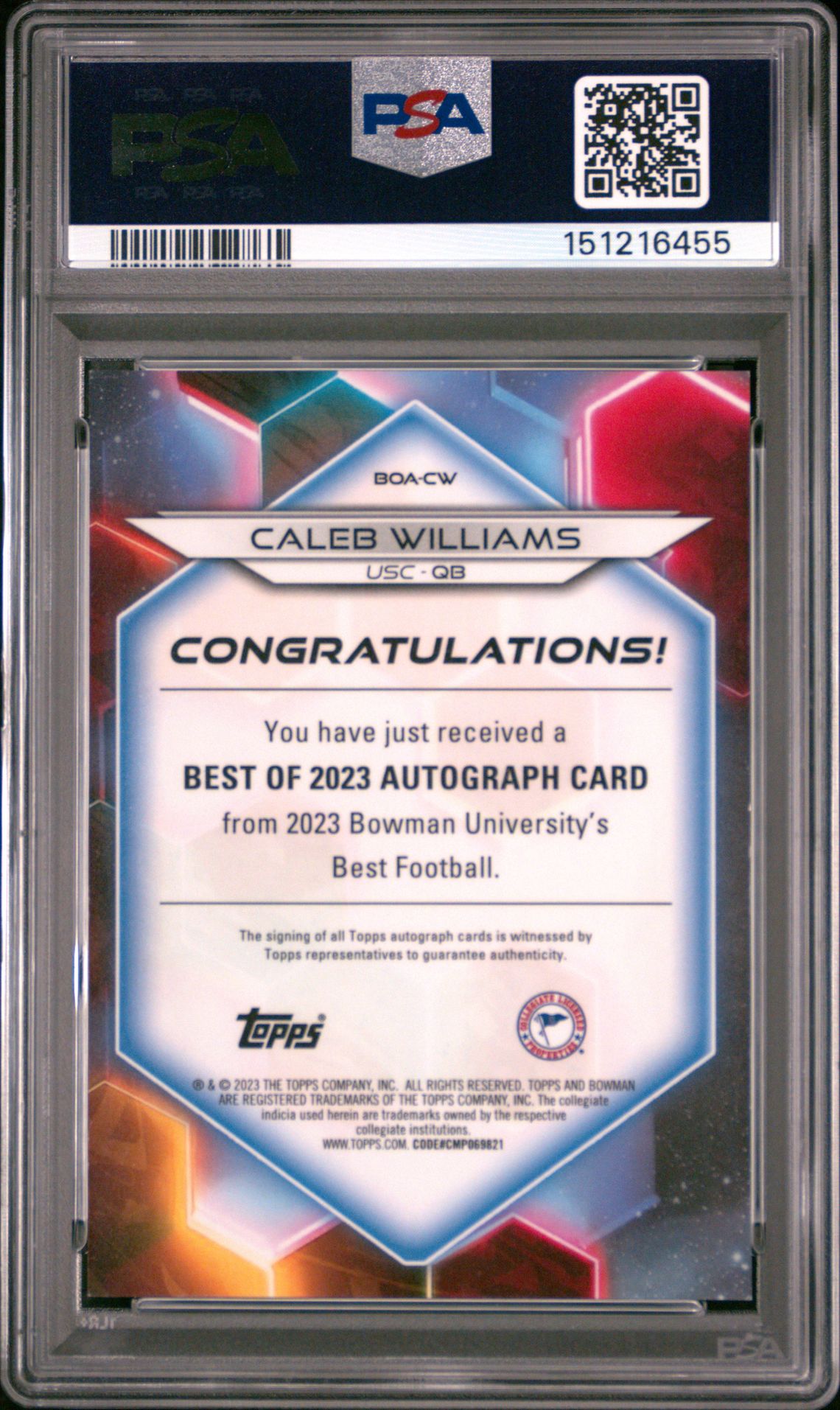 2023 Bowman University Best Best Of 2023 Autographs Caleb Williams #Boacw (Best Of '23 Au-Gold Geometric) Gem Mt 10 back view - PSA certificate #151216455