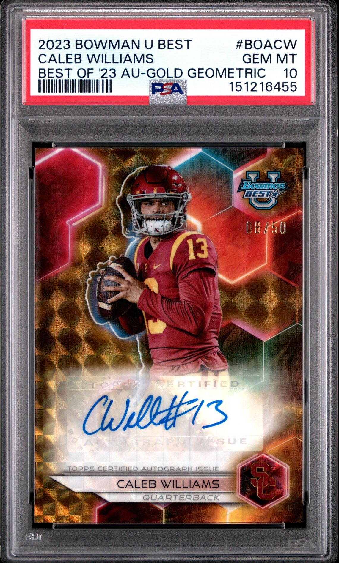 2023 Bowman University Best Best Of 2023 Autographs Caleb Williams #Boacw (Best Of '23 Au-Gold Geometric) Gem Mt 10 front view - PSA graded GEM MT 10