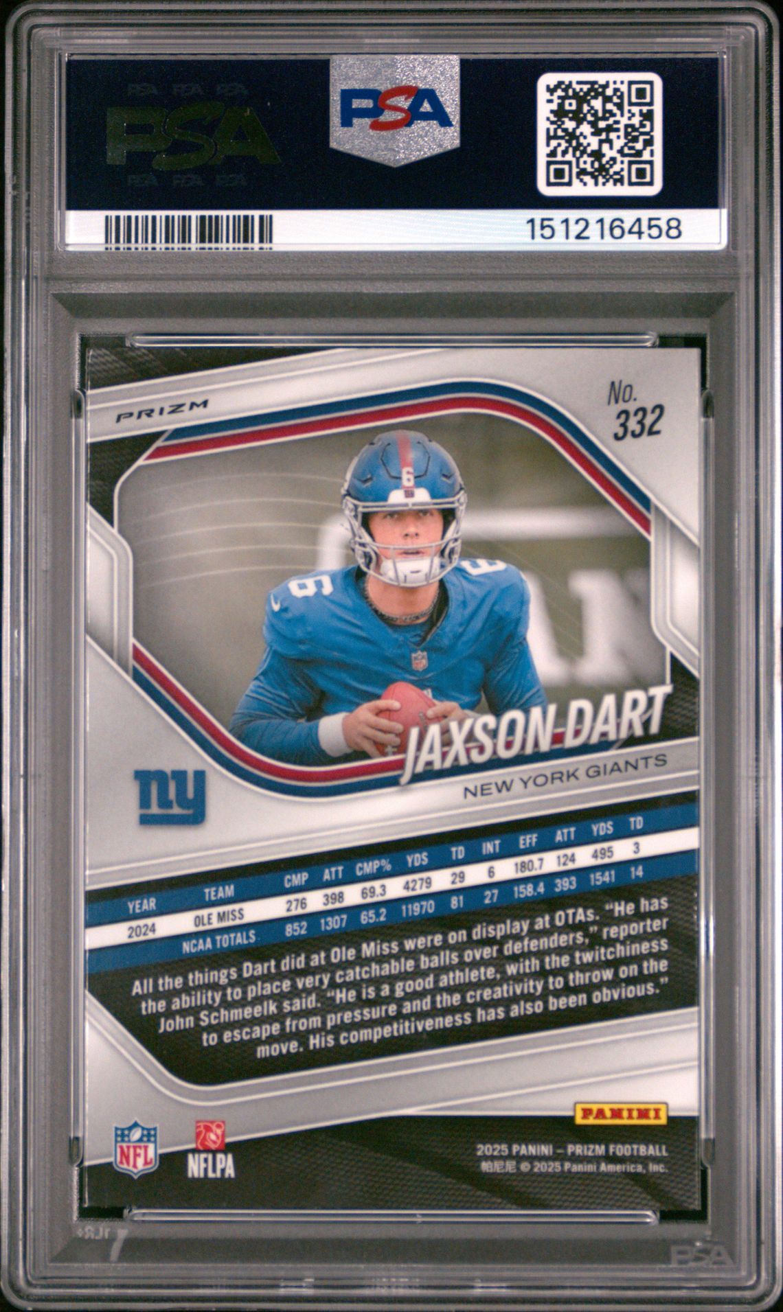 2025 Panini Prizm Jaxson Dart #332 (Lazer Prizm) Mint 9 back