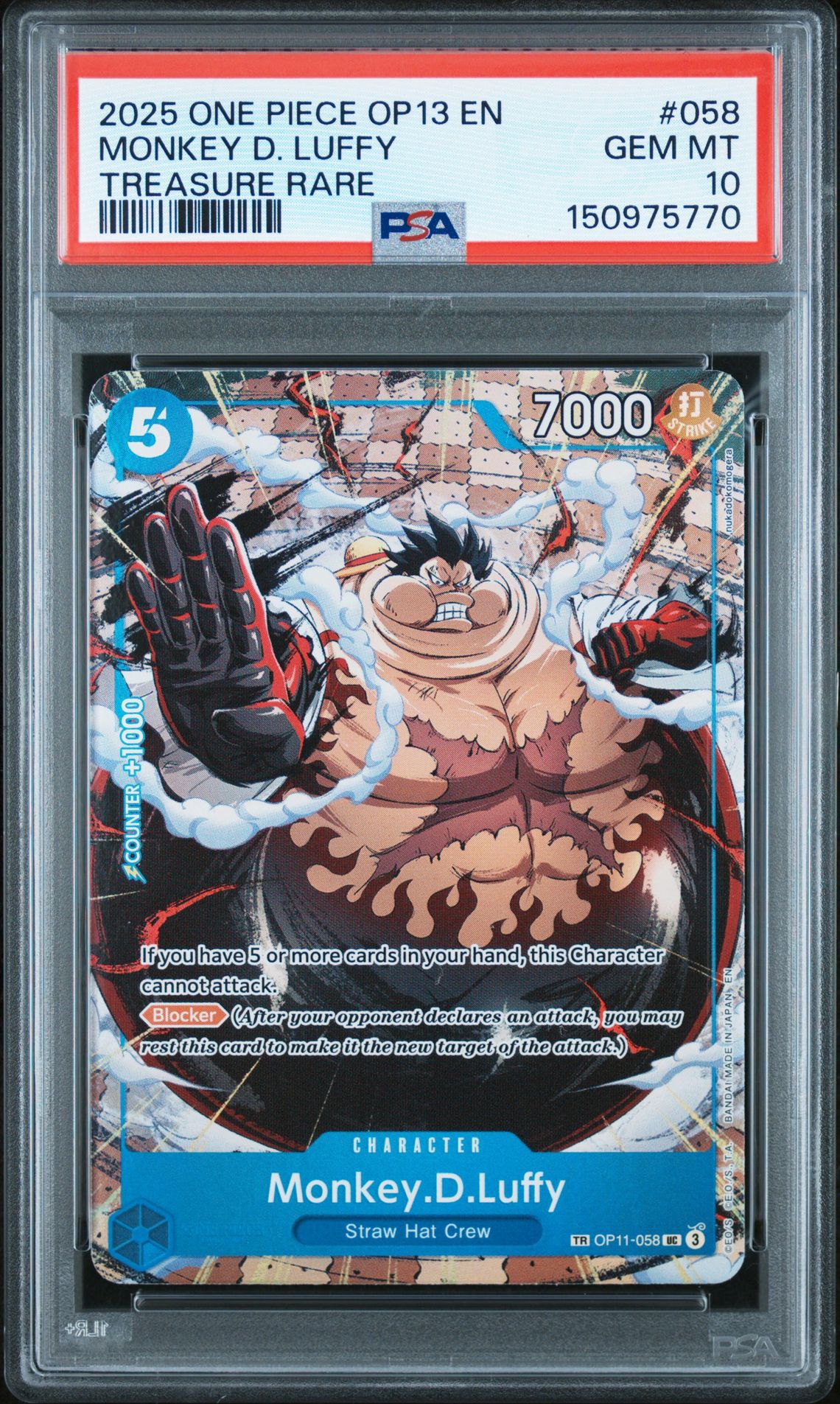 2025 One Piece Op13-Carrying On His Will Monkey D. Luffy #058 (Treasure Rare) Gem Mt 10 front