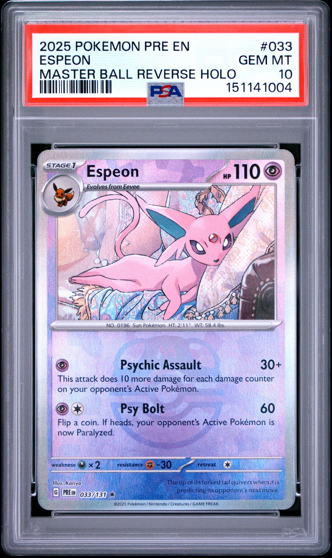 2025 Pokemon Pre En-Prismatic Evolutions Espeon #033 (Master Ball Reverse Holo) Gem Mt 10 front view - PSA graded GEM MT 10
