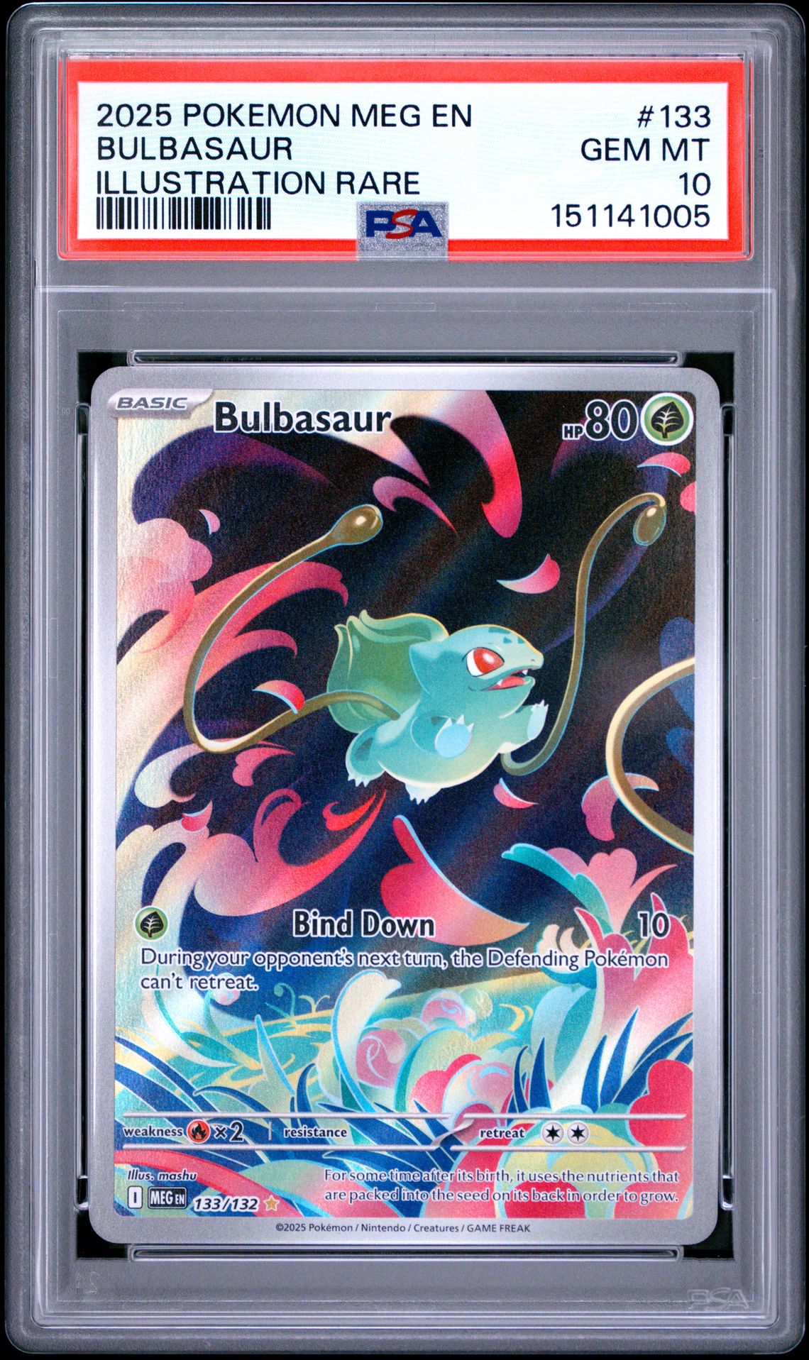 2025 Pokemon Meg En-Mega Evolution Bulbasaur #133 (Illustration Rare) Gem Mt 10 front view - PSA graded GEM MT 10
