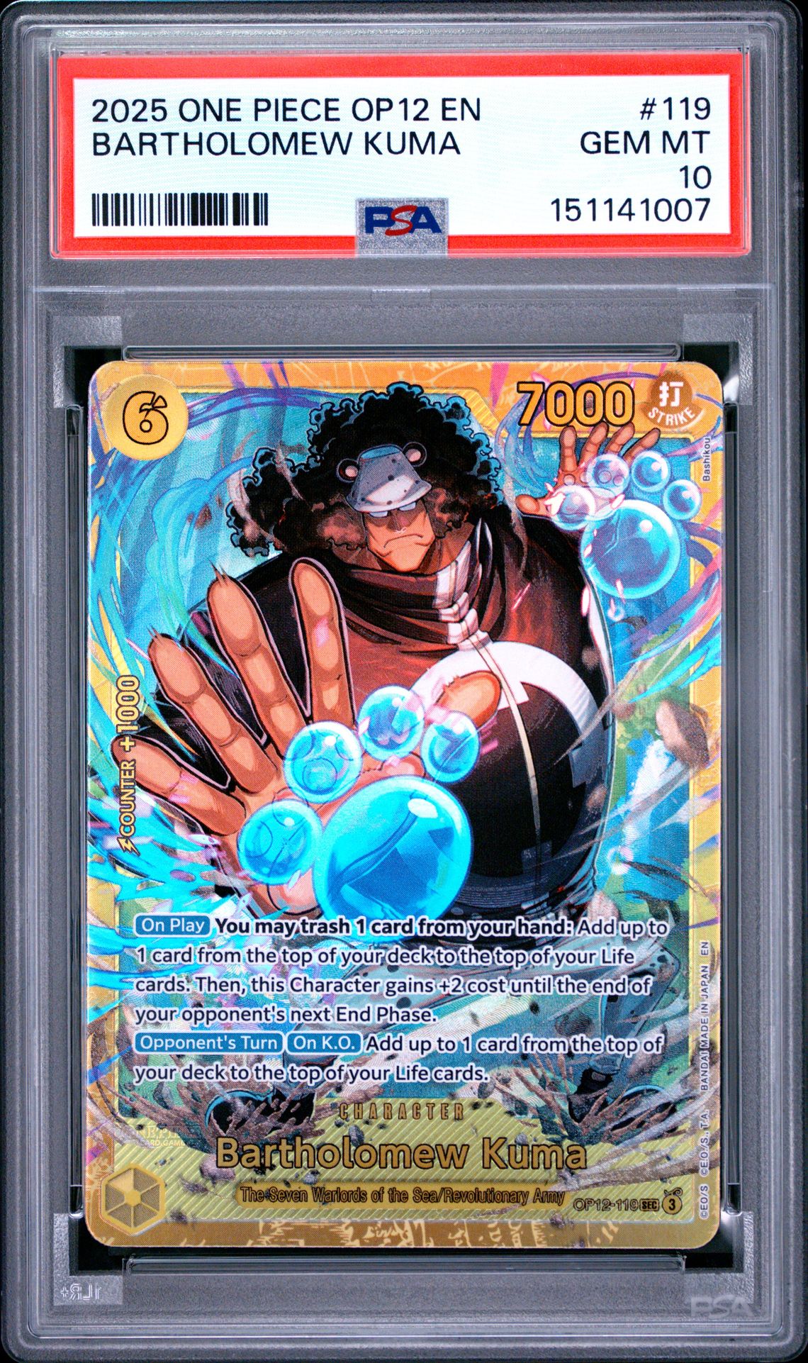 2025 One Piece Op12-Legacy Of The Master Bartholomew Kuma #119 Gem Mt 10 front